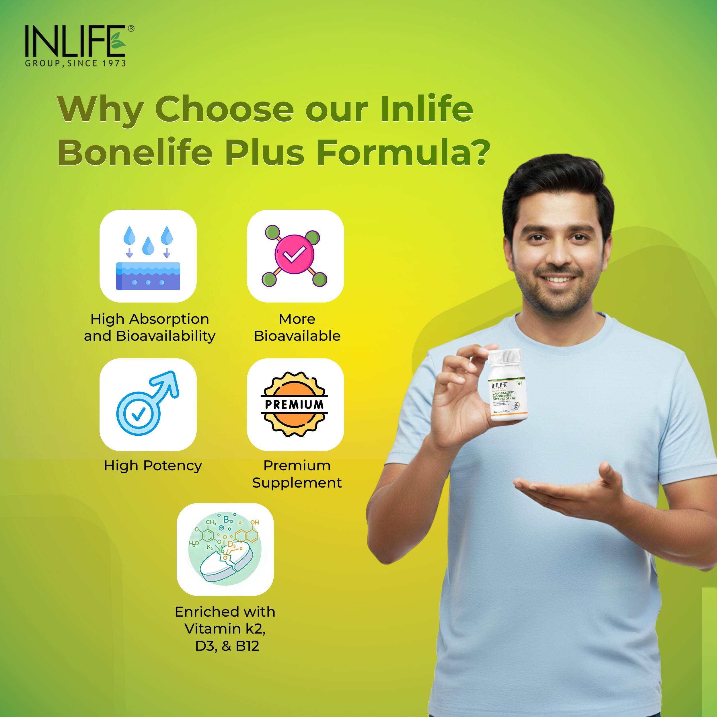 Inlife | Calcium Magnesium Zinc | Vitamin D2 B12 Folic Acid K2 MK7 | Bone Muscle & Joint Health Support | Men Women | 120 Tab