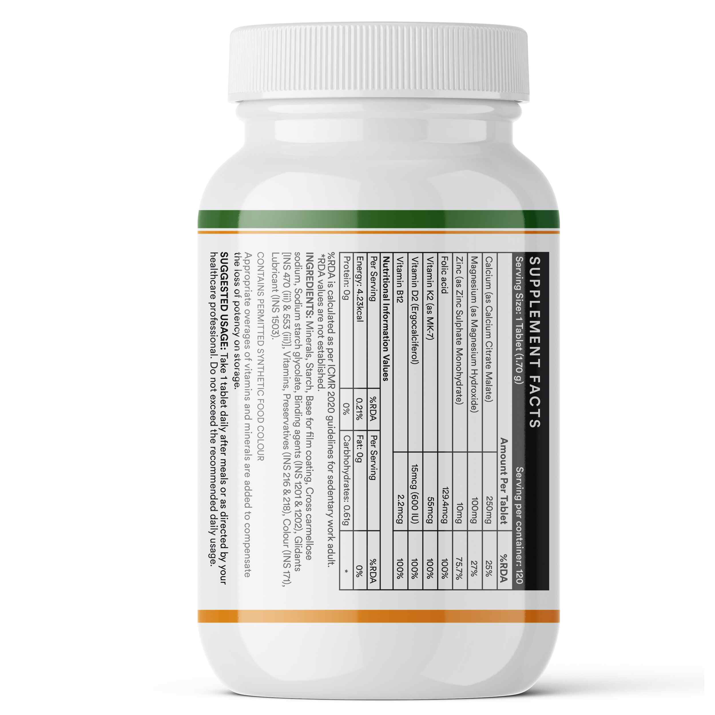 Inlife | Calcium Magnesium Zinc | Vitamin D2 B12 Folic Acid K2 MK7 | Bone Muscle & Joint Health Support | Men Women | 120 Tab
