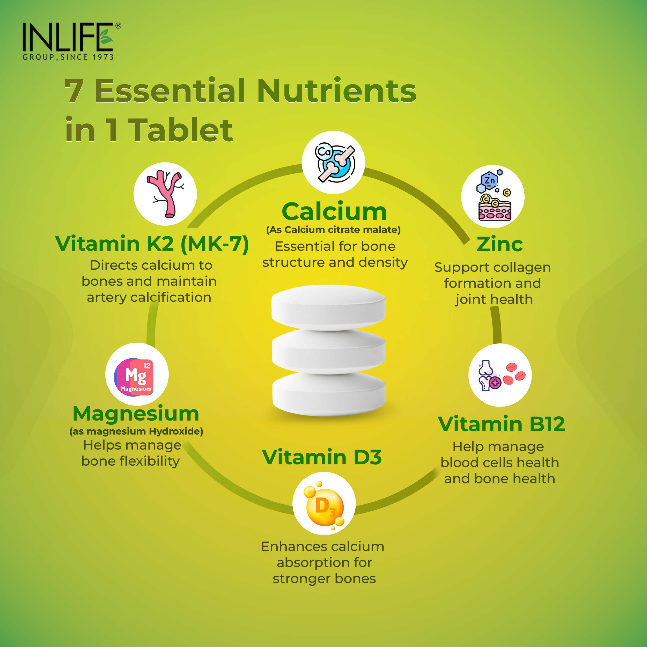 Inlife | Calcium Magnesium Zinc | Vitamin D2 B12 Folic Acid K2 MK7 | Bone Muscle & Joint Health Support | Men Women | 120 Tab