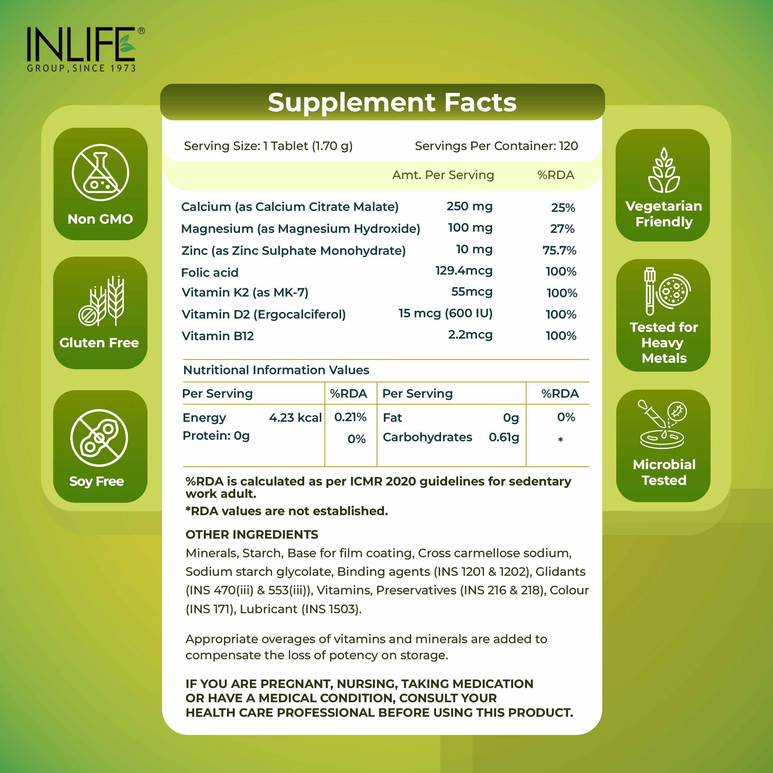 Inlife | Calcium Magnesium Zinc | Vitamin D2 B12 Folic Acid K2 MK7 | Bone Muscle & Joint Health Support | Men Women | 120 Tab