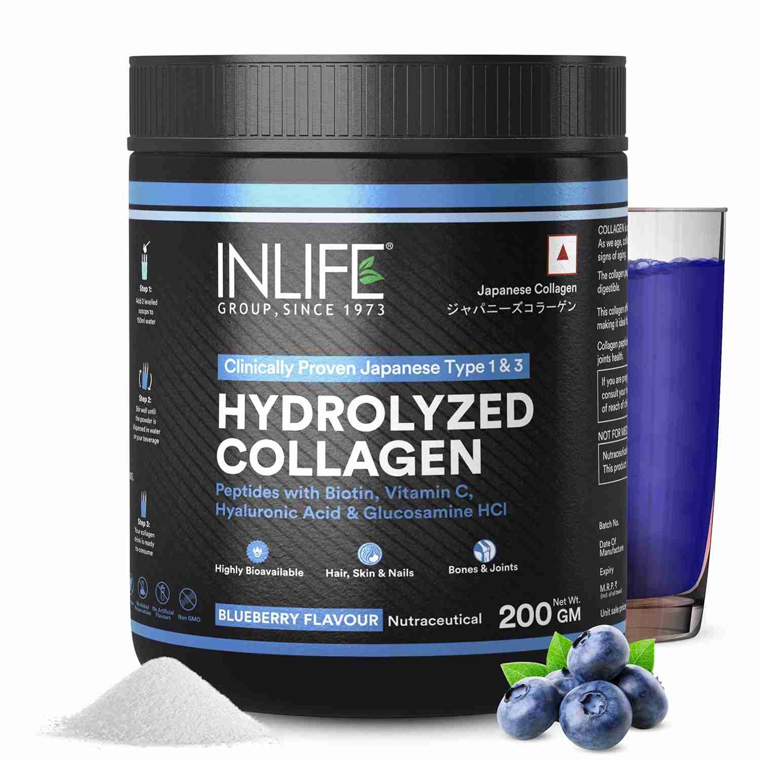 Inlife | Japanese Collagen Supplements for Women & Men | Hydrolyzed Collagen Powder For Skin, Hair & Joints | Clinically Proven Ingredient with Biotin, Hyaluronic Acid (Blueberry, Collagen, 200g)