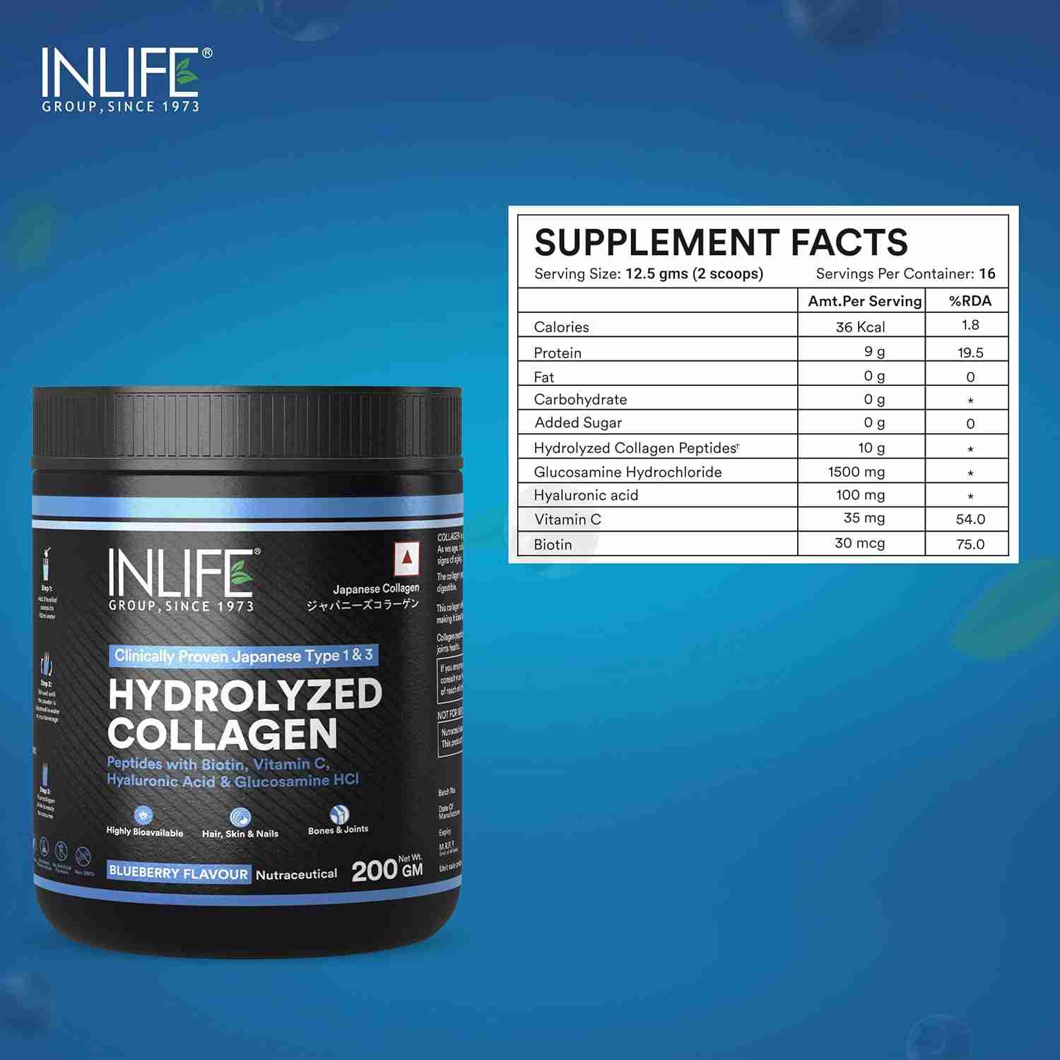 Inlife | Japanese Collagen Supplements for Women & Men | Hydrolyzed Collagen Powder For Skin, Hair & Joints | Clinically Proven Ingredient with Biotin, Hyaluronic Acid (Blueberry, Collagen, 200g)