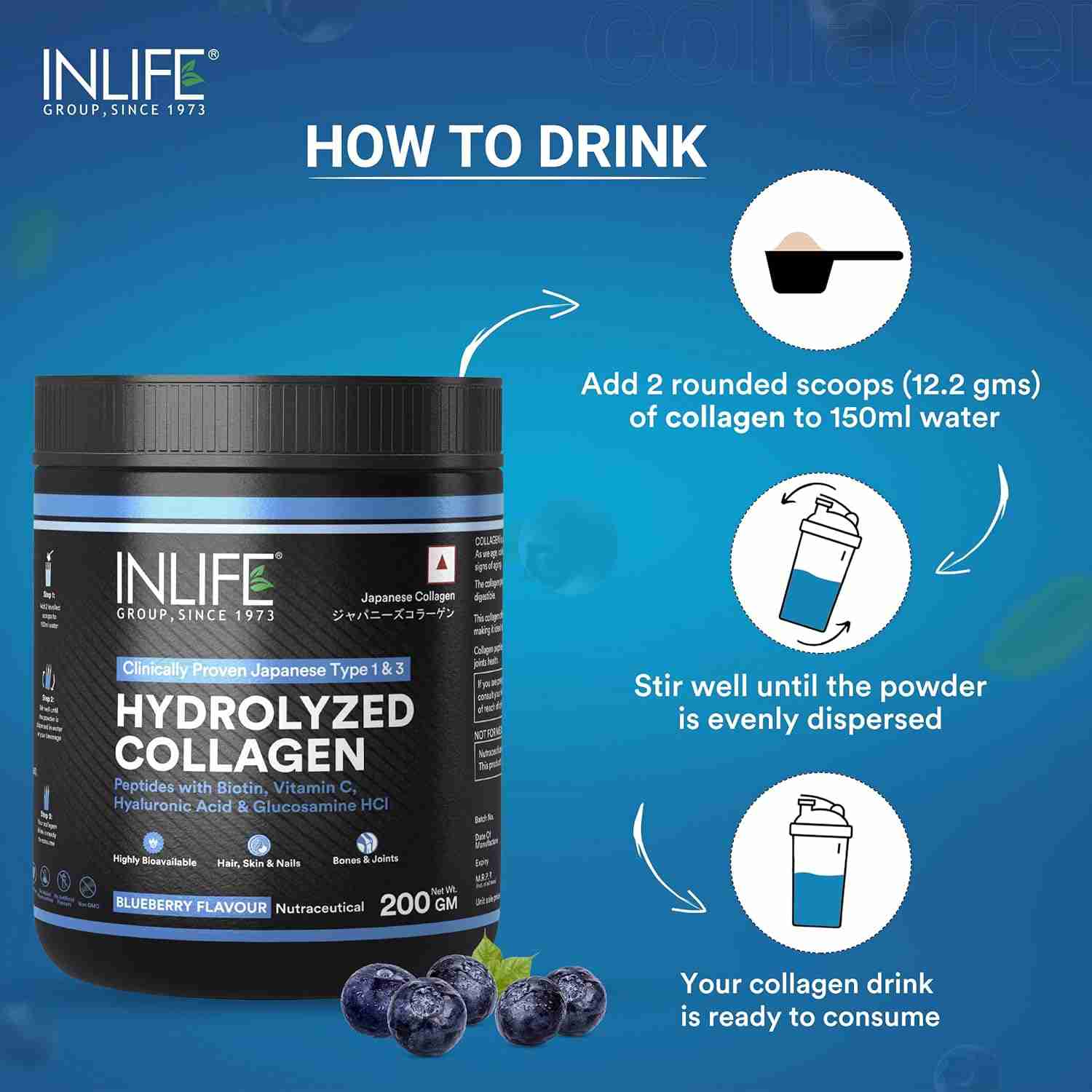 Inlife | Japanese Collagen Supplements for Women & Men | Hydrolyzed Collagen Powder For Skin, Hair & Joints | Clinically Proven Ingredient with Biotin, Hyaluronic Acid (Blueberry, Collagen, 200g)