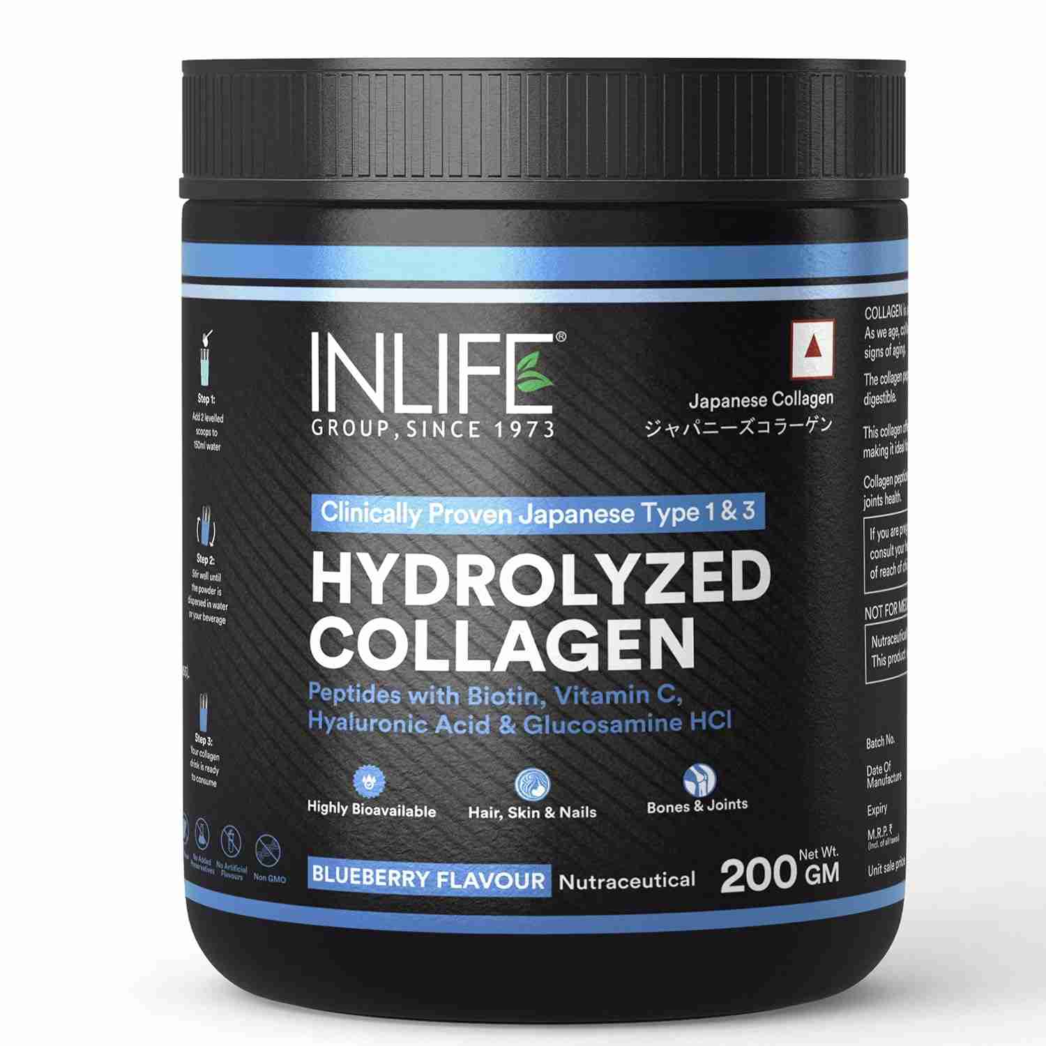 Inlife | Japanese Collagen Supplements for Women & Men | Hydrolyzed Collagen Powder For Skin, Hair & Joints | Clinically Proven Ingredient with Biotin, Hyaluronic Acid (Blueberry, Collagen, 200g)