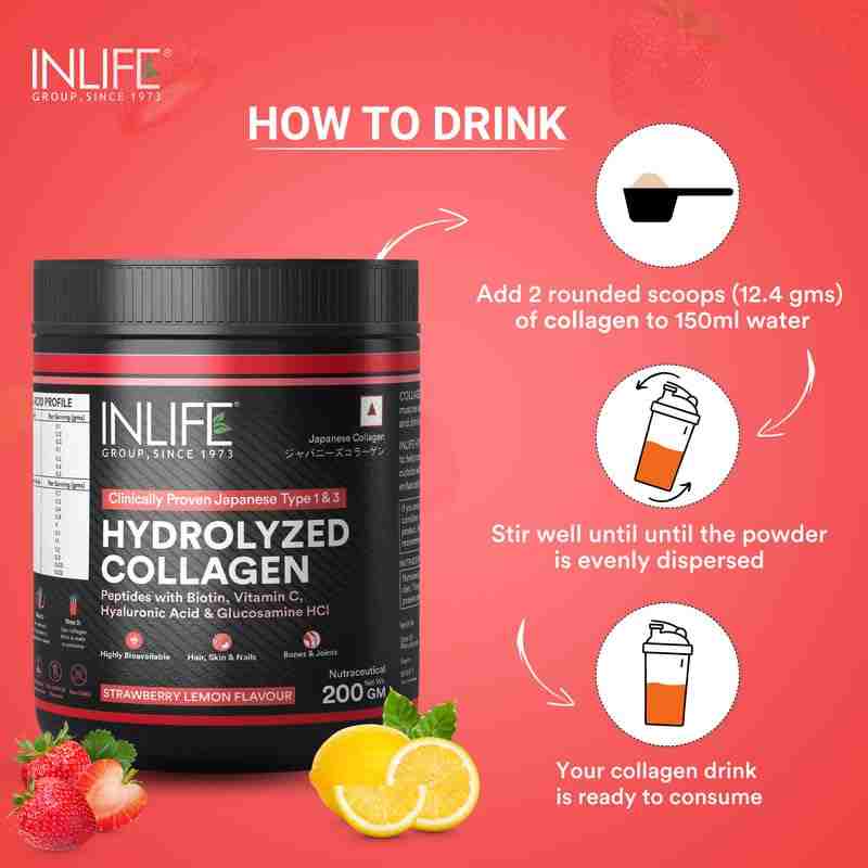 Inlife | Japanese Collagen Supplements for Women & Men | Hydrolyzed Collagen Powder For Skin, Hair & Joints | Clinically Proven Ingredient with Biotin, Hyaluronic Acid (Strawberry, Collagen, 200g)