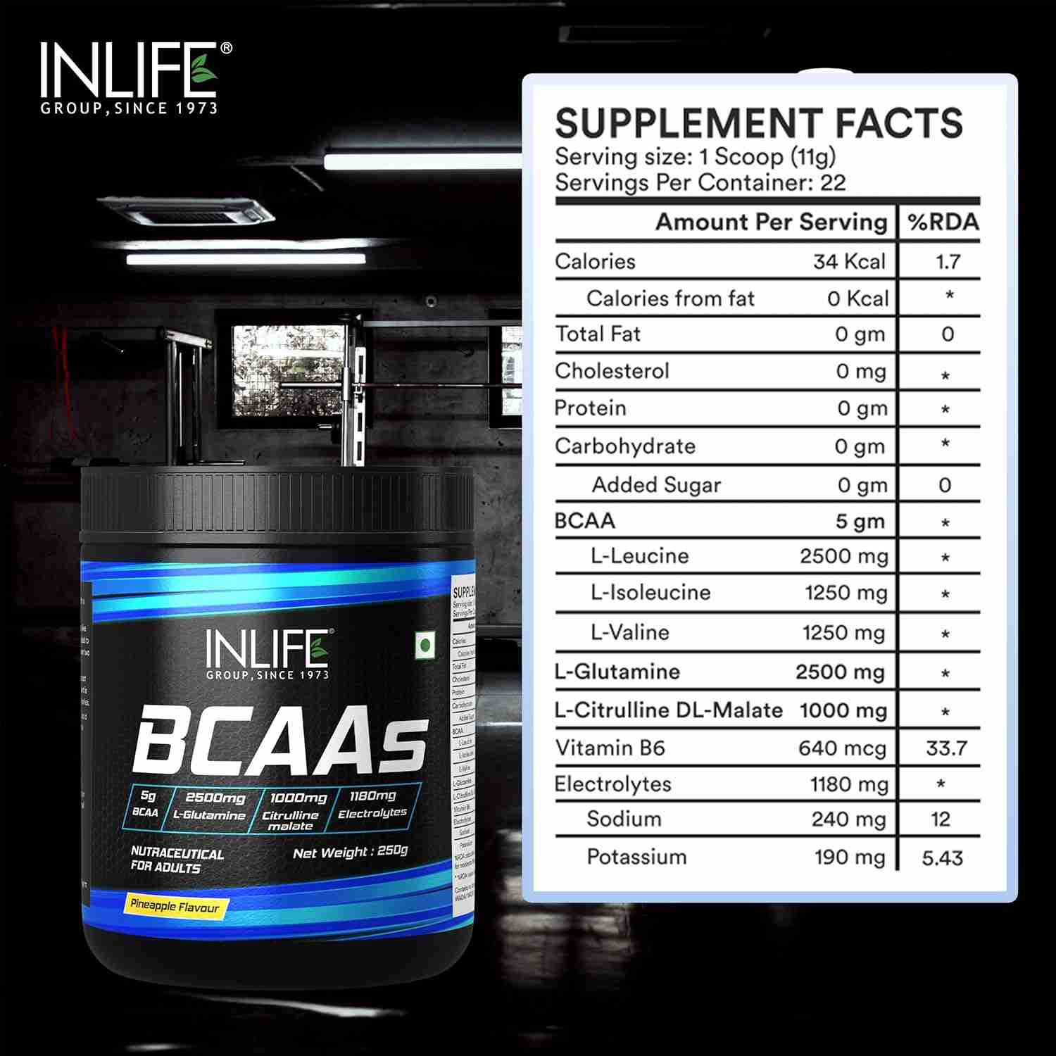 Inlife | BCAA Powder Supplement with Glutamine, Citrulline DL Malate, Vitamin B6 & Electrolytes | Amino Acids for Pre Post Intra Workout Energy Drinks for Athletes | Men & Women (Pineapple, 250g)