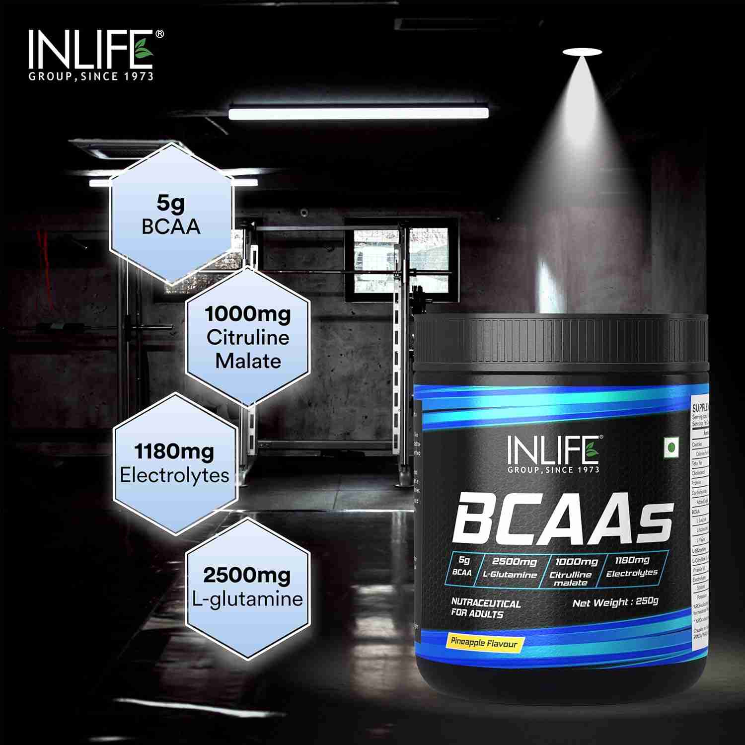Inlife | BCAA Powder Supplement with Glutamine, Citrulline DL Malate, Vitamin B6 & Electrolytes | Amino Acids for Pre Post Intra Workout Energy Drinks for Athletes | Men & Women (Pineapple, 250g)