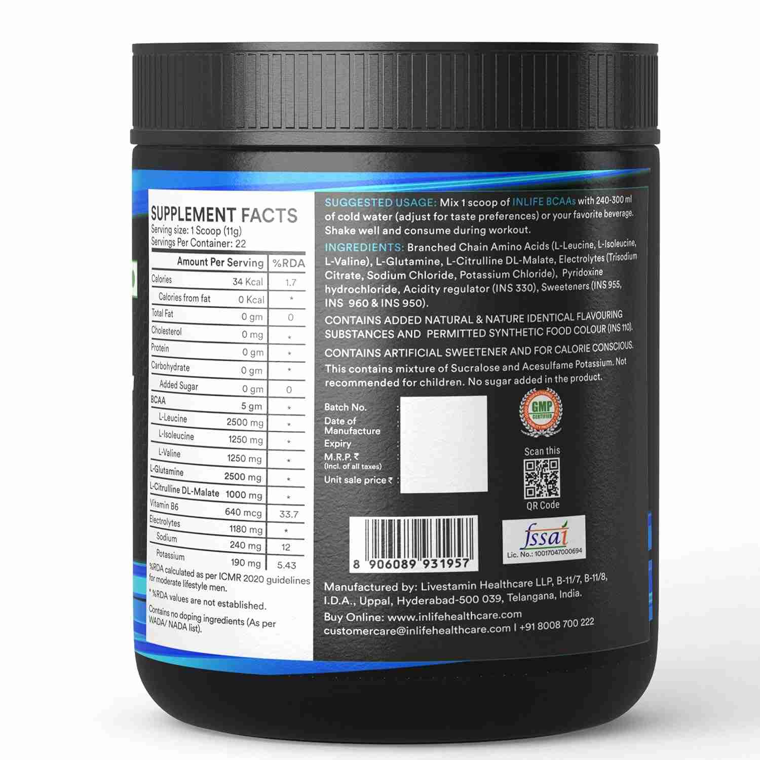 Inlife | BCAA Powder Supplement with Glutamine, Citrulline DL Malate, Vitamin B6 & Electrolytes | Amino Acids for Pre Post Intra Workout Energy Drinks for Athletes | Men & Women (Pineapple, 250g)