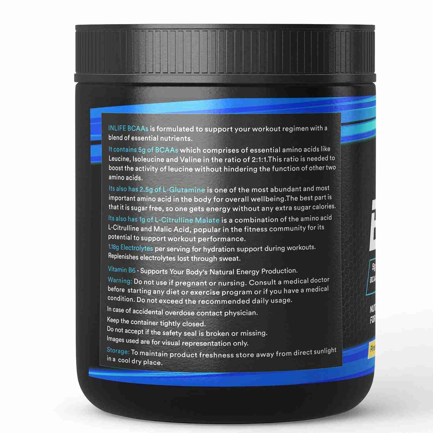 Inlife | BCAA Powder Supplement with Glutamine, Citrulline DL Malate, Vitamin B6 & Electrolytes | Amino Acids for Pre Post Intra Workout Energy Drinks for Athletes | Men & Women (Pineapple, 250g)