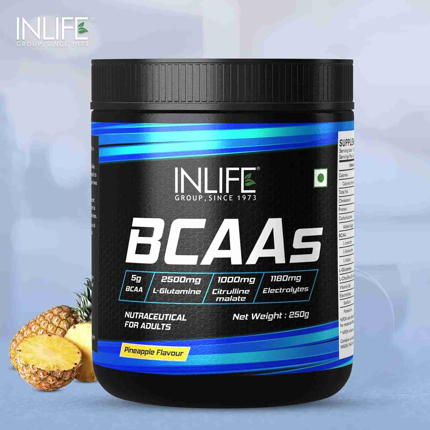 Inlife | BCAA Powder Supplement with Glutamine, Citrulline DL Malate, Vitamin B6 & Electrolytes | Amino Acids for Pre Post Intra Workout Energy Drinks for Athletes | Men & Women (Pineapple, 250g)