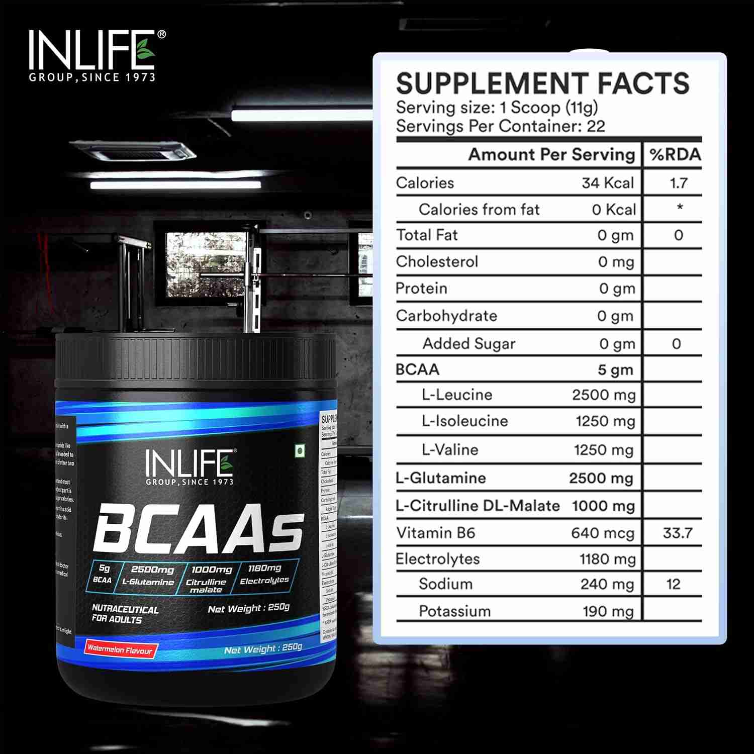 Inlife | BCAA Powder Supplement with Glutamine, Citrulline DL Malate, Vitamin B6 & Electrolytes | Amino Acids for Pre Post Intra Workout Energy Drinks for Athletes | Men & Women (Watermelon, 250g)