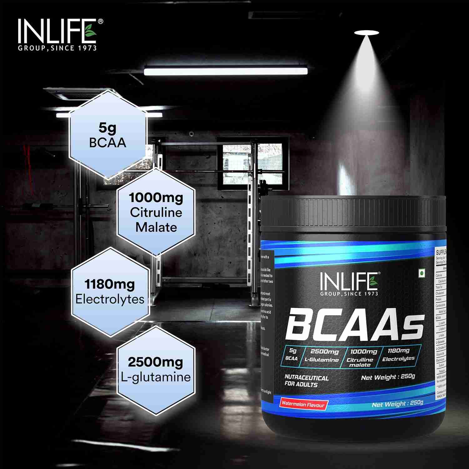 Inlife | BCAA Powder Supplement with Glutamine, Citrulline DL Malate, Vitamin B6 & Electrolytes | Amino Acids for Pre Post Intra Workout Energy Drinks for Athletes | Men & Women (Watermelon, 250g)
