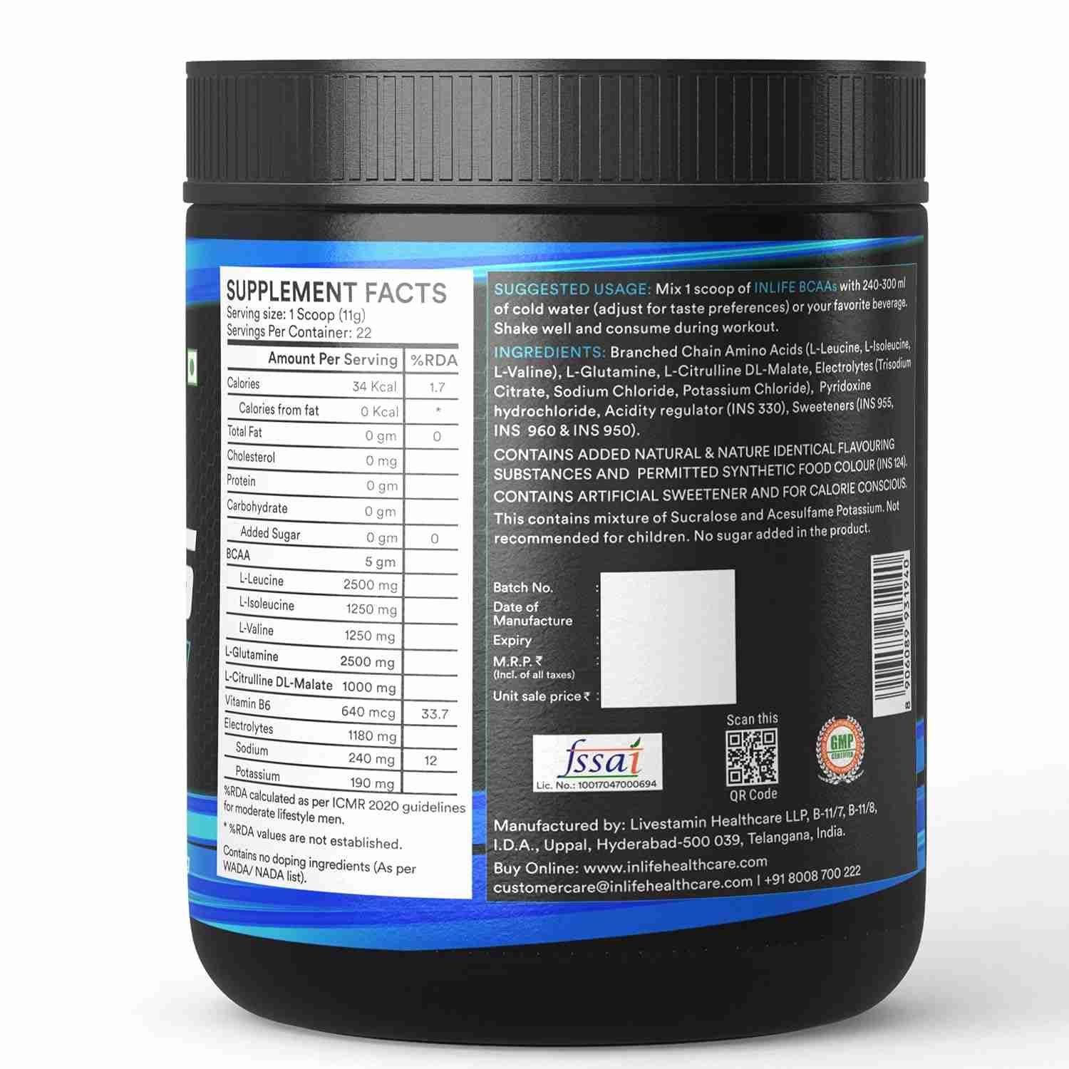Inlife | BCAA Powder Supplement with Glutamine, Citrulline DL Malate, Vitamin B6 & Electrolytes | Amino Acids for Pre Post Intra Workout Energy Drinks for Athletes | Men & Women (Watermelon, 250g)