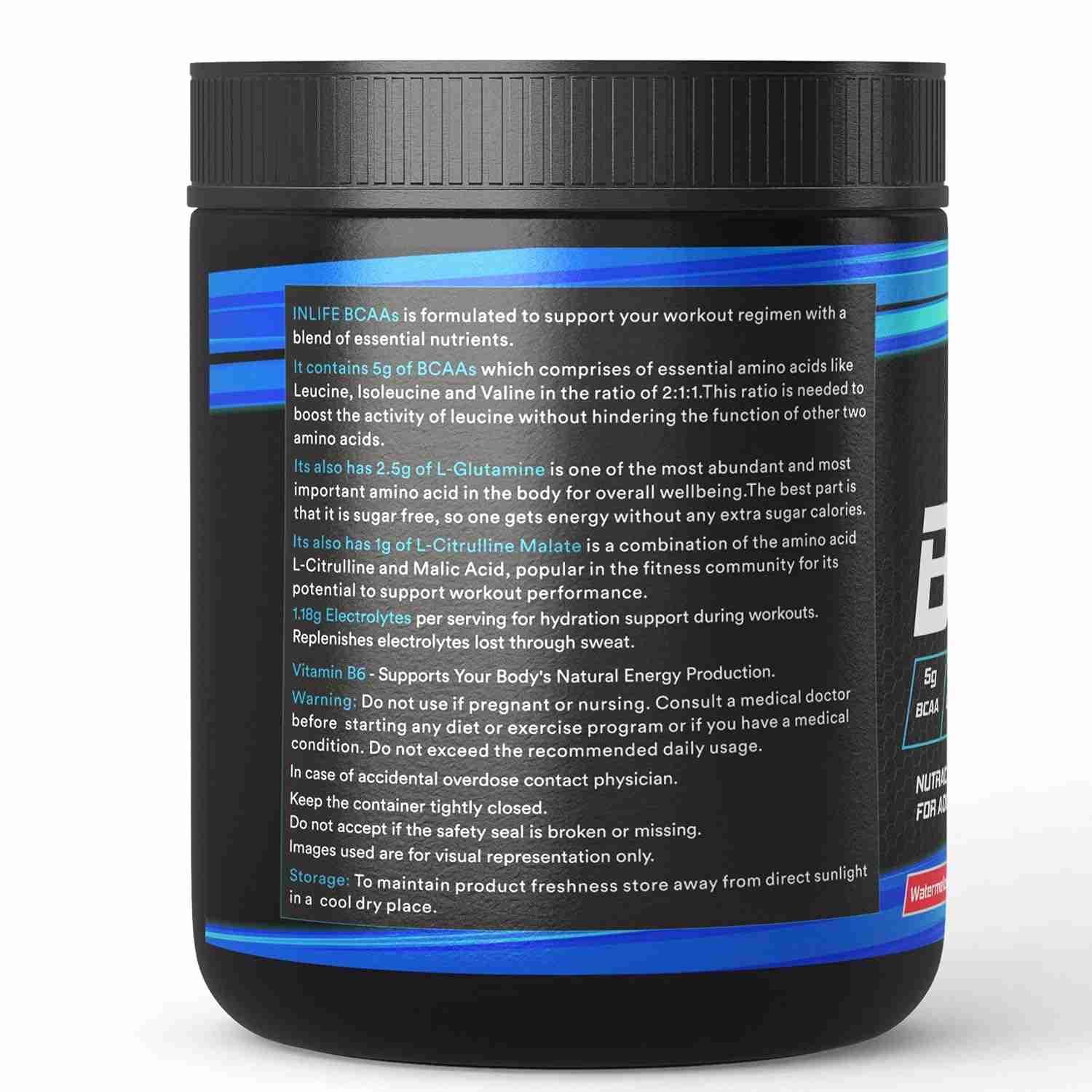 Inlife | BCAA Powder Supplement with Glutamine, Citrulline DL Malate, Vitamin B6 & Electrolytes | Amino Acids for Pre Post Intra Workout Energy Drinks for Athletes | Men & Women (Watermelon, 250g)
