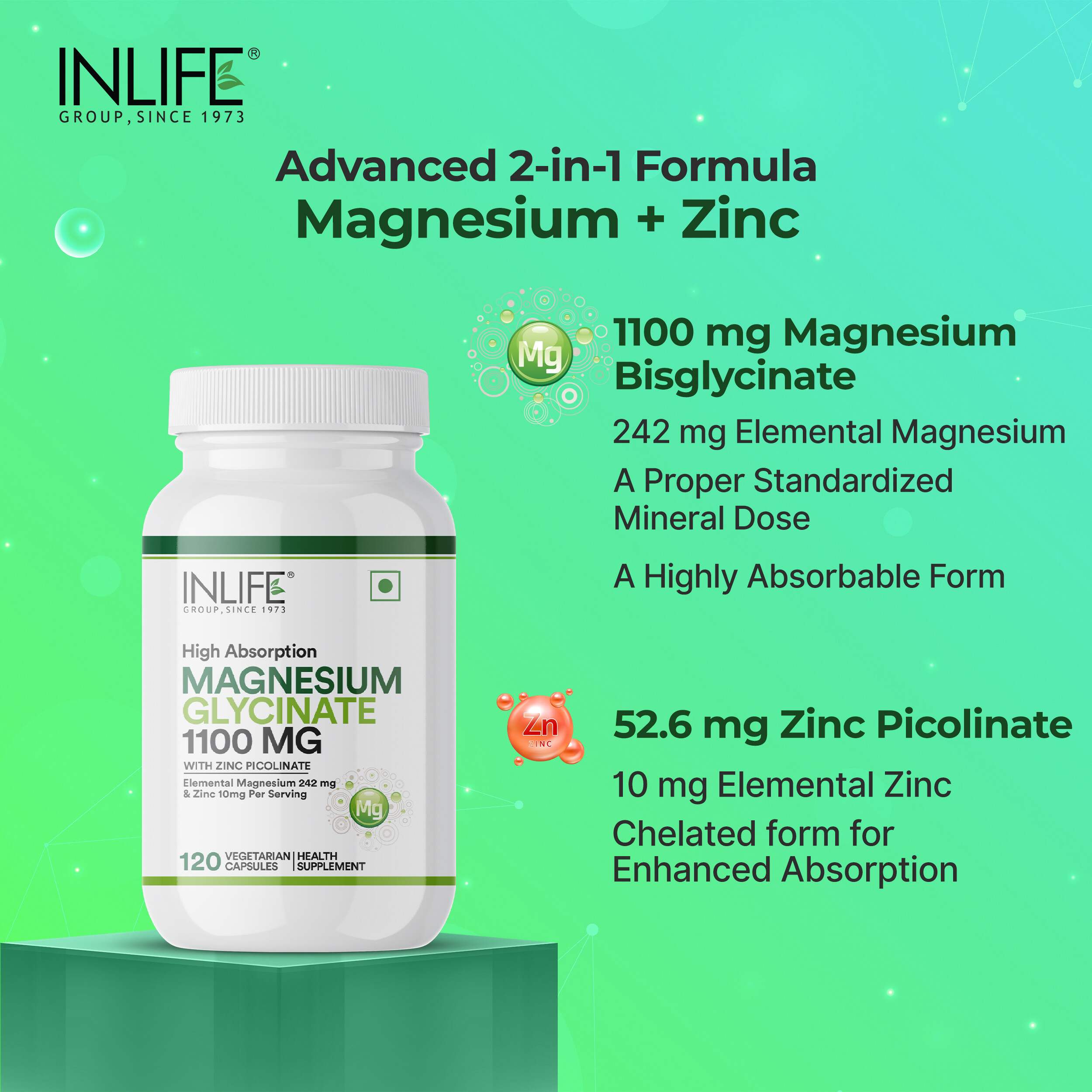 Inlife | Magnesium Glycinate with Zinc Picolinate | Chelated Bisglycinate | Muscle Sleep & Nerve Health | Men Women | 120 Veg Cap