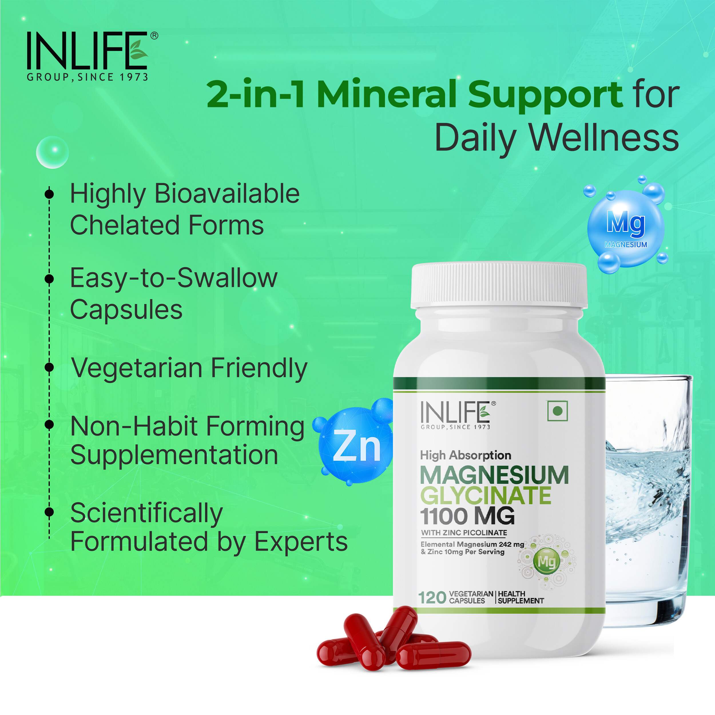Inlife | Magnesium Glycinate with Zinc Picolinate | Chelated Bisglycinate | Muscle Sleep & Nerve Health | Men Women | 120 Veg Cap