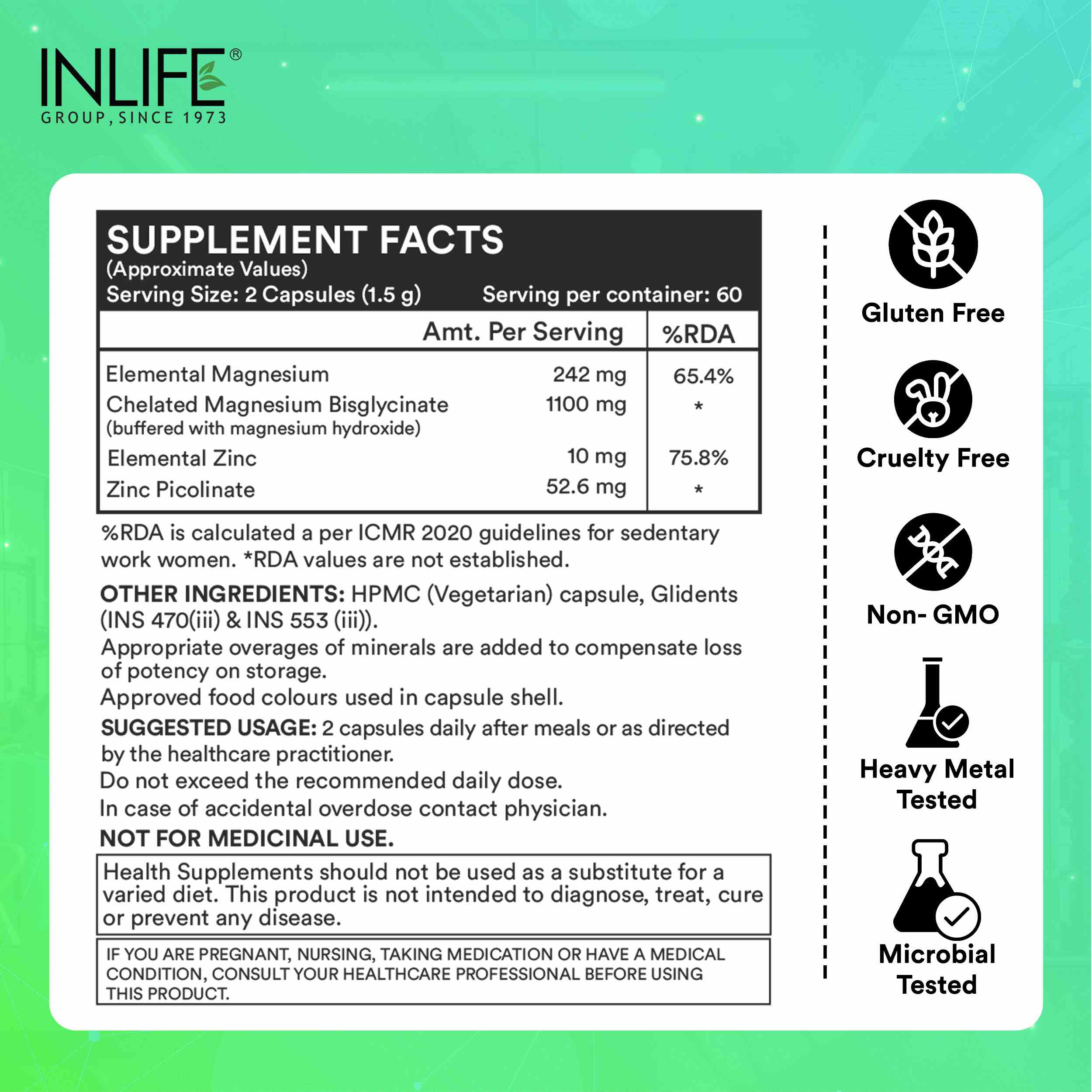 Inlife | Magnesium Glycinate with Zinc Picolinate | Chelated Bisglycinate | Muscle Sleep & Nerve Health | Men Women | 120 Veg Cap