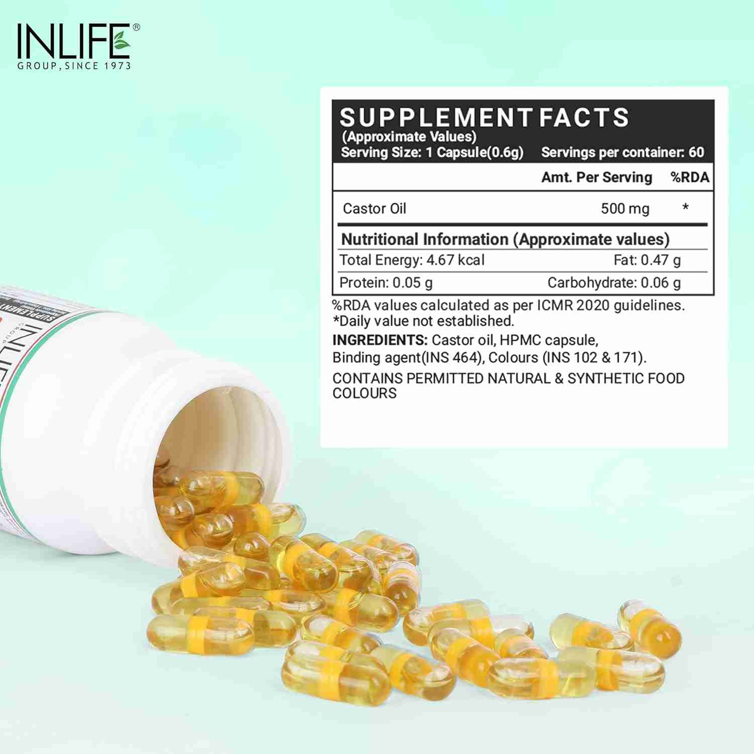 Inlife | Castor Oil Supplement for Hair and Skin, Natural Laxative, Quick Release, 500mg – 60 Liquid Filled Veg Cap (Pack of 1, 60)