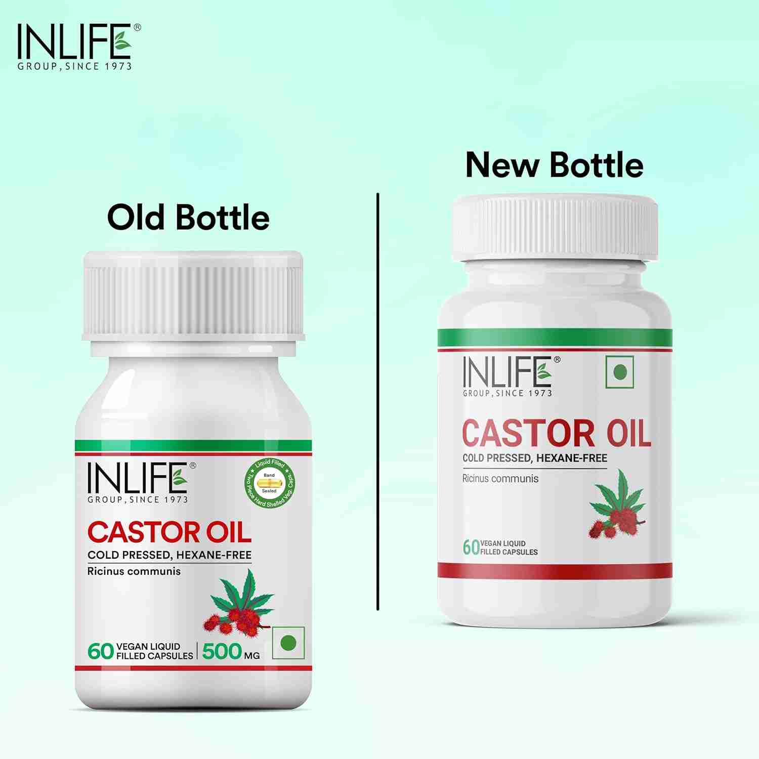 Inlife | Castor Oil Supplement for Hair and Skin, Natural Laxative, Quick Release, 500mg – 60 Liquid Filled Veg Cap (Pack of 1, 60)