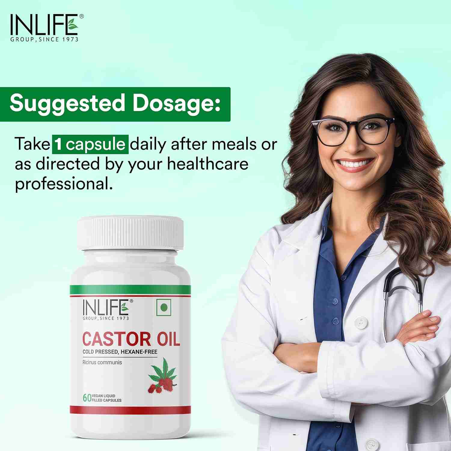 Inlife | Castor Oil Supplement for Hair and Skin, Natural Laxative, Quick Release, 500mg – 60 Liquid Filled Veg Cap (Pack of 1, 60)