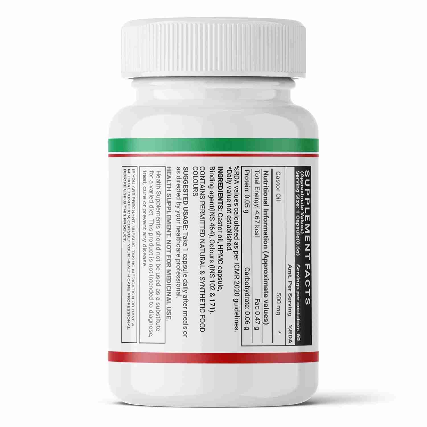 Inlife | Castor Oil Supplement for Hair and Skin, Natural Laxative, Quick Release, 500mg – 60 Liquid Filled Veg Cap (Pack of 1, 60)