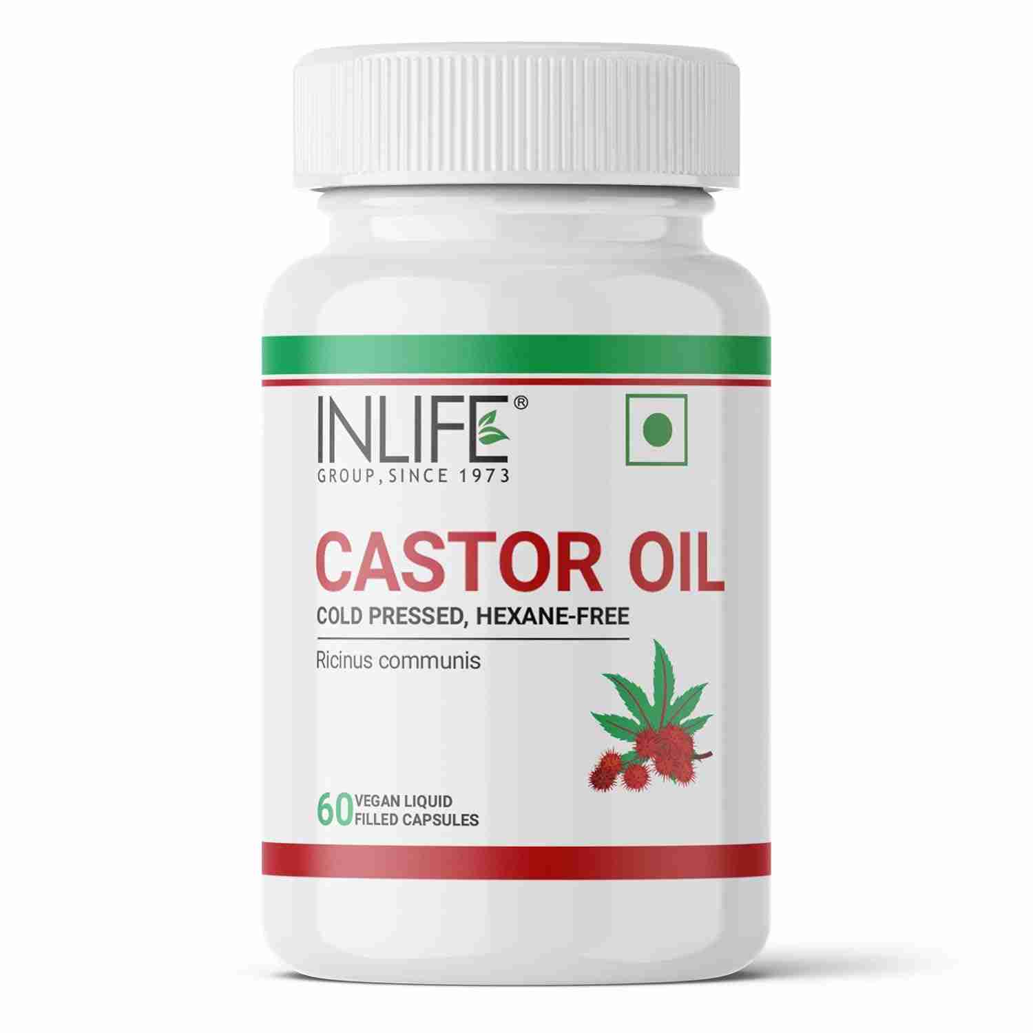 Inlife | Castor Oil Supplement for Hair and Skin, Natural Laxative, Quick Release, 500mg – 60 Liquid Filled Veg Cap (Pack of 1, 60)