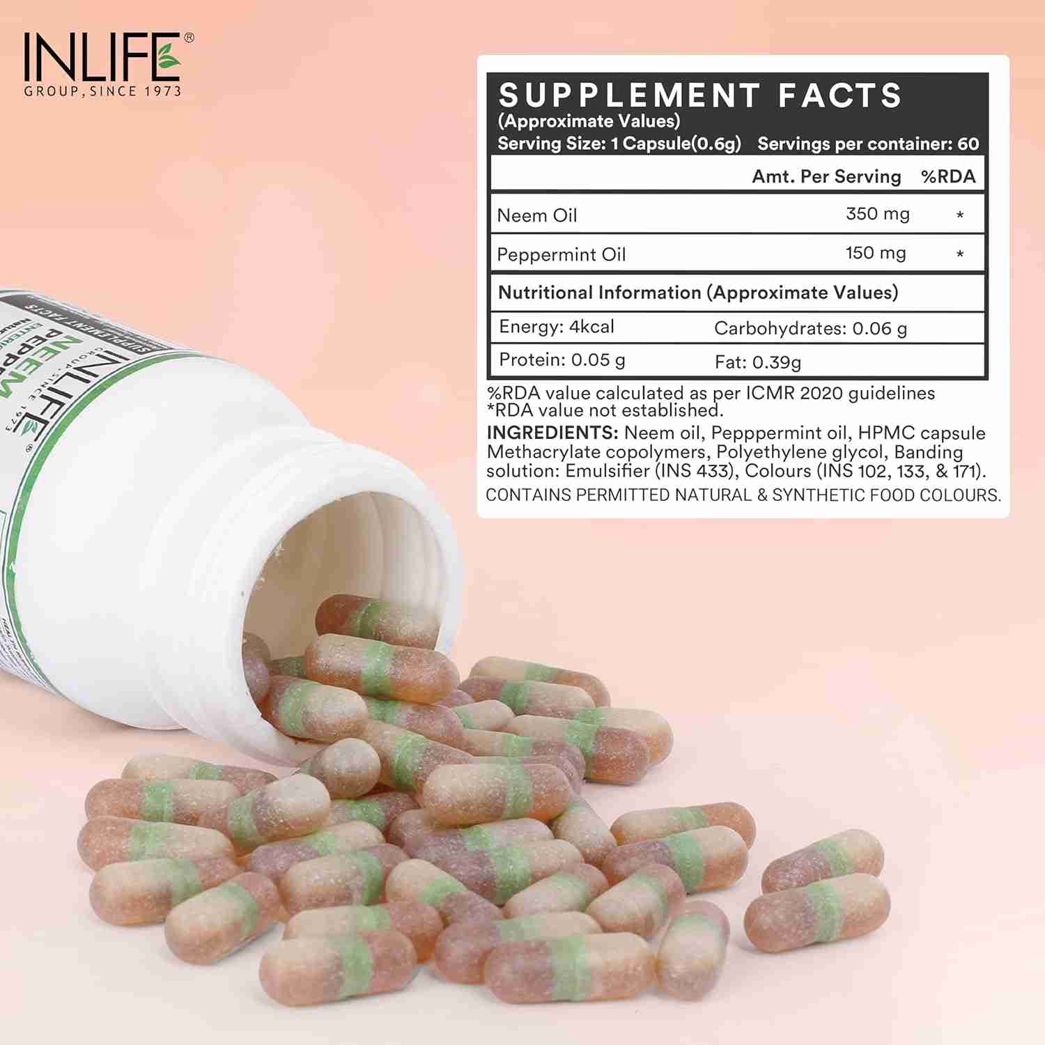 Inlife | Neem Oil 350mg with Peppermint Oil 150mg | Digestive Health & Skin, Hair Care Supplement | Enteric Coated Capsules – 60 Liquid Filled Veg Cap (Pack of 1, 60)