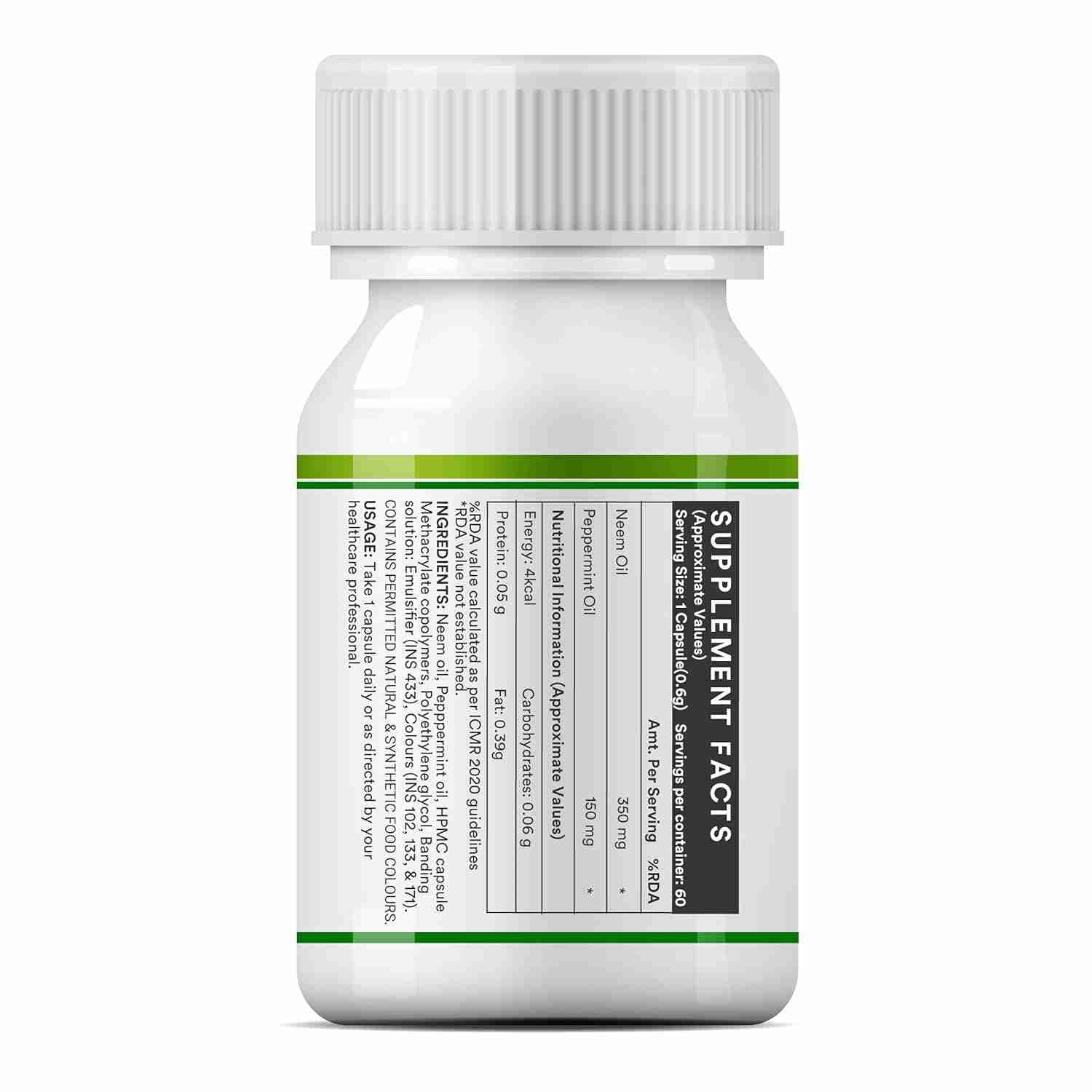 Inlife | Neem Oil 350mg with Peppermint Oil 150mg | Digestive Health & Skin, Hair Care Supplement | Enteric Coated Capsules – 60 Liquid Filled Veg Cap (Pack of 1, 60)