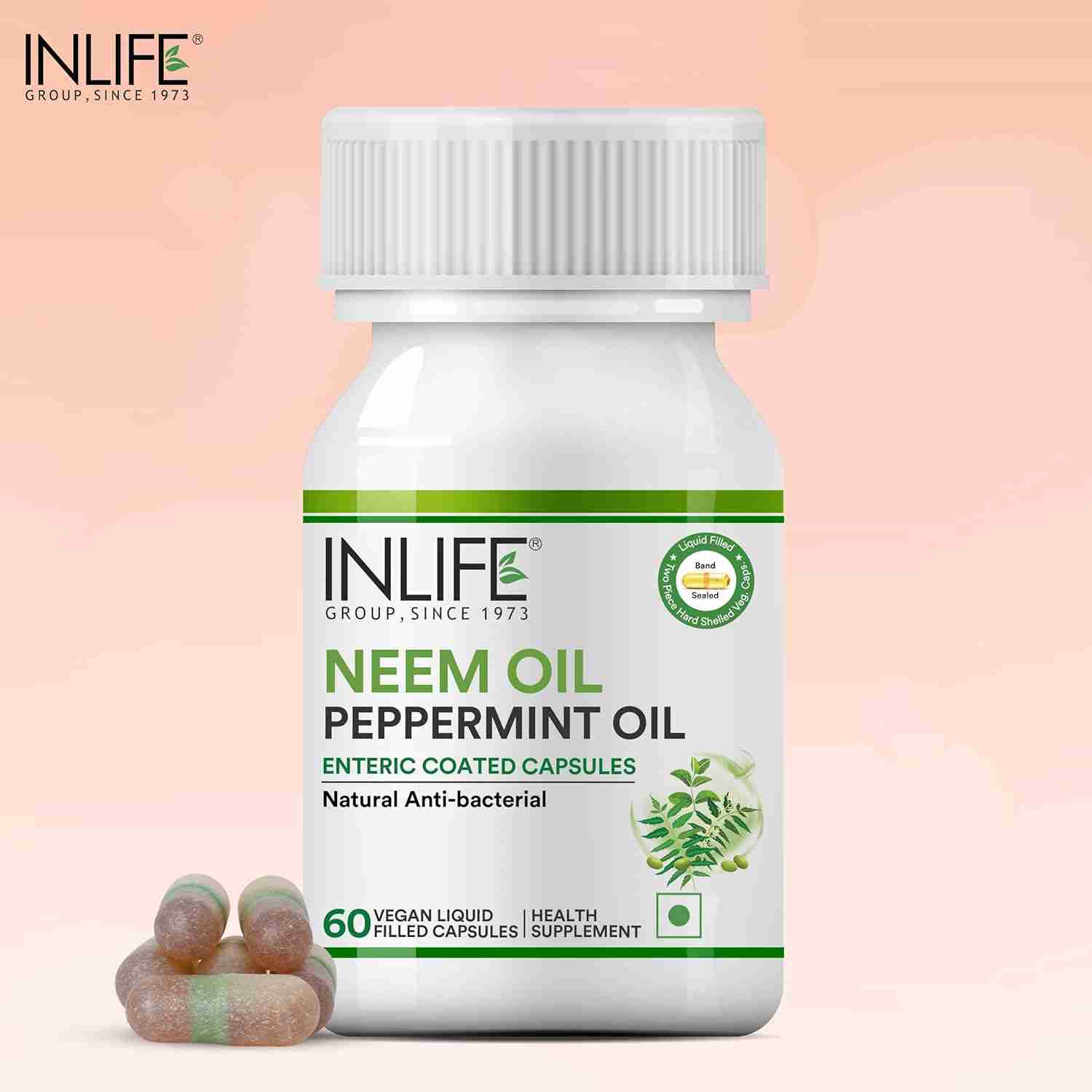 Inlife | Neem Oil 350mg with Peppermint Oil 150mg | Digestive Health & Skin, Hair Care Supplement | Enteric Coated Capsules – 60 Liquid Filled Veg Cap (Pack of 1, 60)