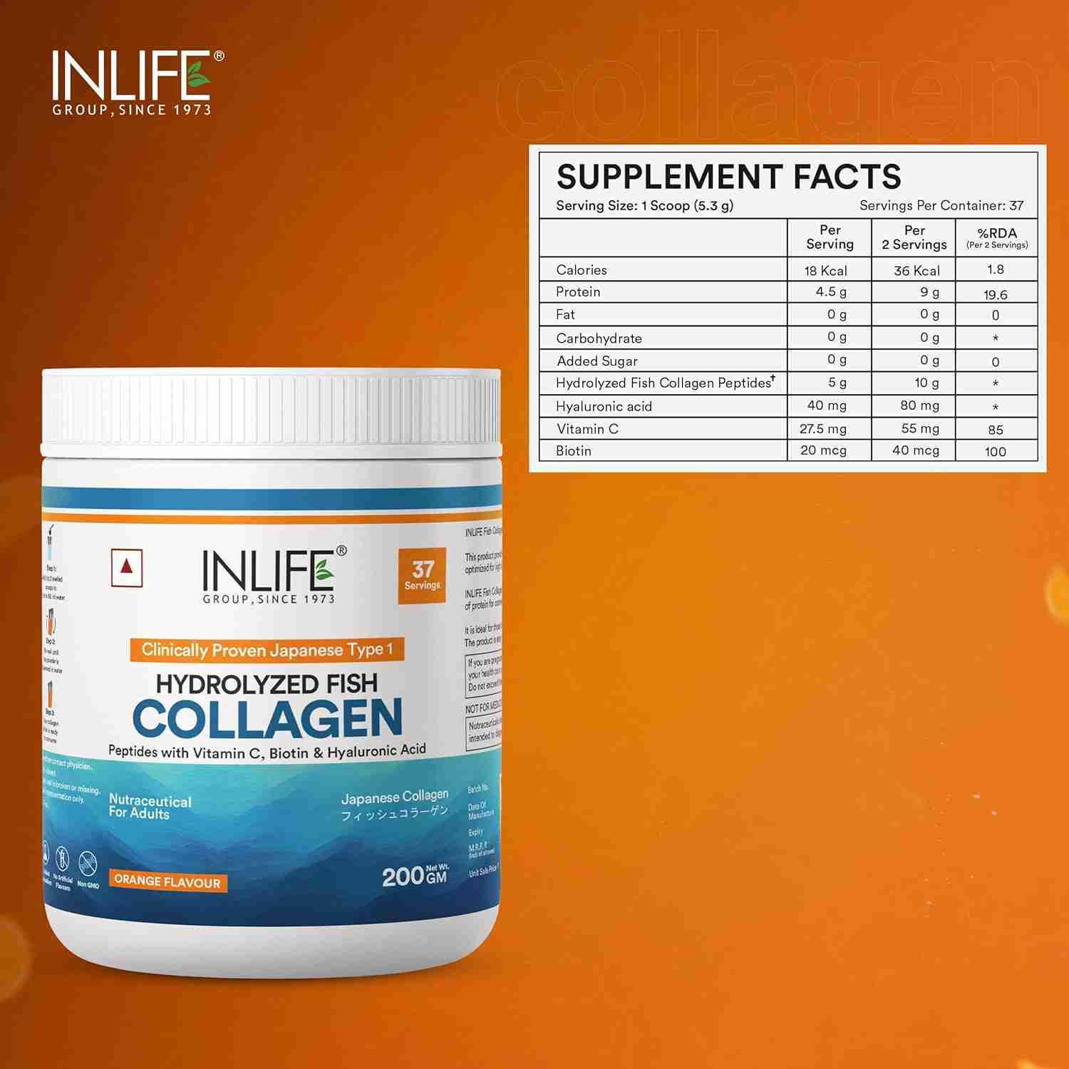 Inlife | Japanese Marine Collagen Supplements for Women & Men | Fish Collagen Powder for Skin & Hair | Clinically Proven Ingredient with Biotin, Hyaluronic Acid, Vitamin C & Glucosamine (Orange, Fish Collagen, 200g)