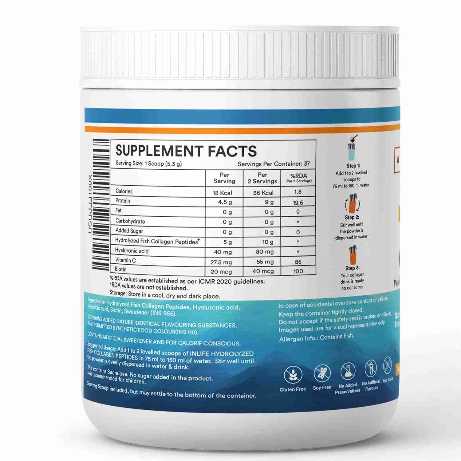 Inlife | Japanese Marine Collagen Supplements for Women & Men | Fish Collagen Powder for Skin & Hair | Clinically Proven Ingredient with Biotin, Hyaluronic Acid, Vitamin C & Glucosamine (Orange, Fish Collagen, 200g)