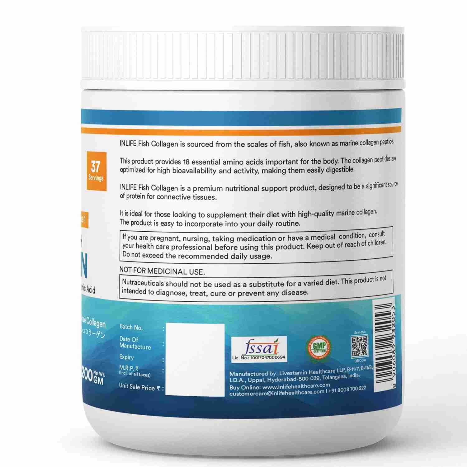 Inlife | Japanese Marine Collagen Supplements for Women & Men | Fish Collagen Powder for Skin & Hair | Clinically Proven Ingredient with Biotin, Hyaluronic Acid, Vitamin C & Glucosamine (Orange, Fish Collagen, 200g)