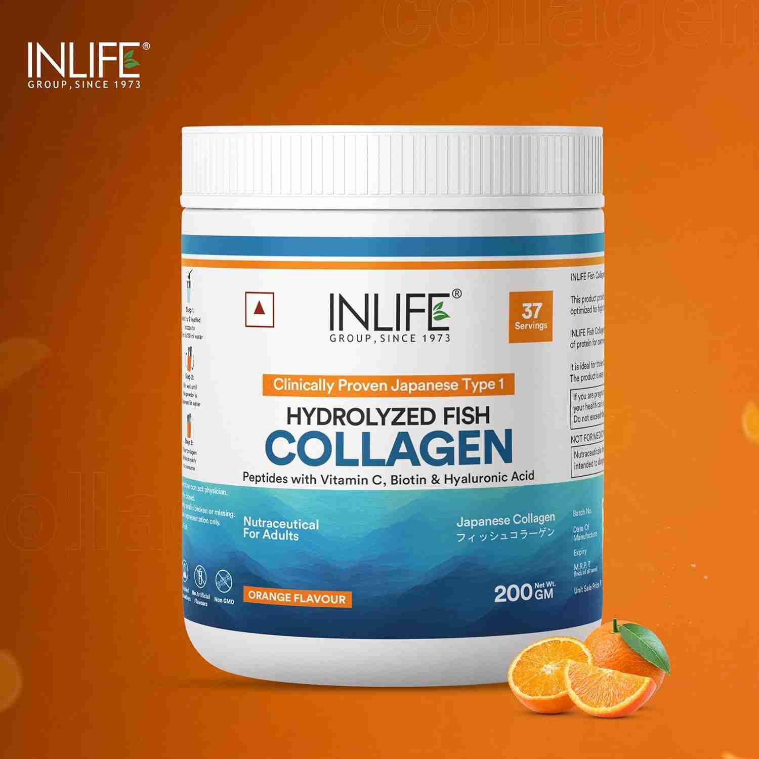 Inlife | Japanese Marine Collagen Supplements for Women & Men | Fish Collagen Powder for Skin & Hair | Clinically Proven Ingredient with Biotin, Hyaluronic Acid, Vitamin C & Glucosamine (Orange, Fish Collagen, 200g)