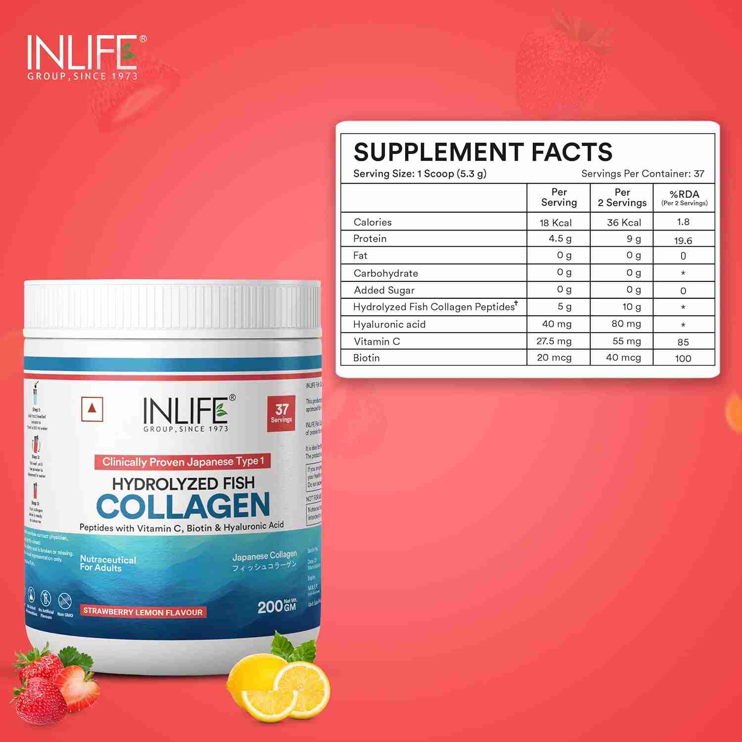 Inlife | Japanese Marine Collagen Supplements for Women & Men | Fish Collagen Powder for Skin & Hair | Clinically Proven Ingredient with Biotin, Hyaluronic Acid, Vitamin C & Glucosamine (Strawberry, Fish Collagen, 200g)