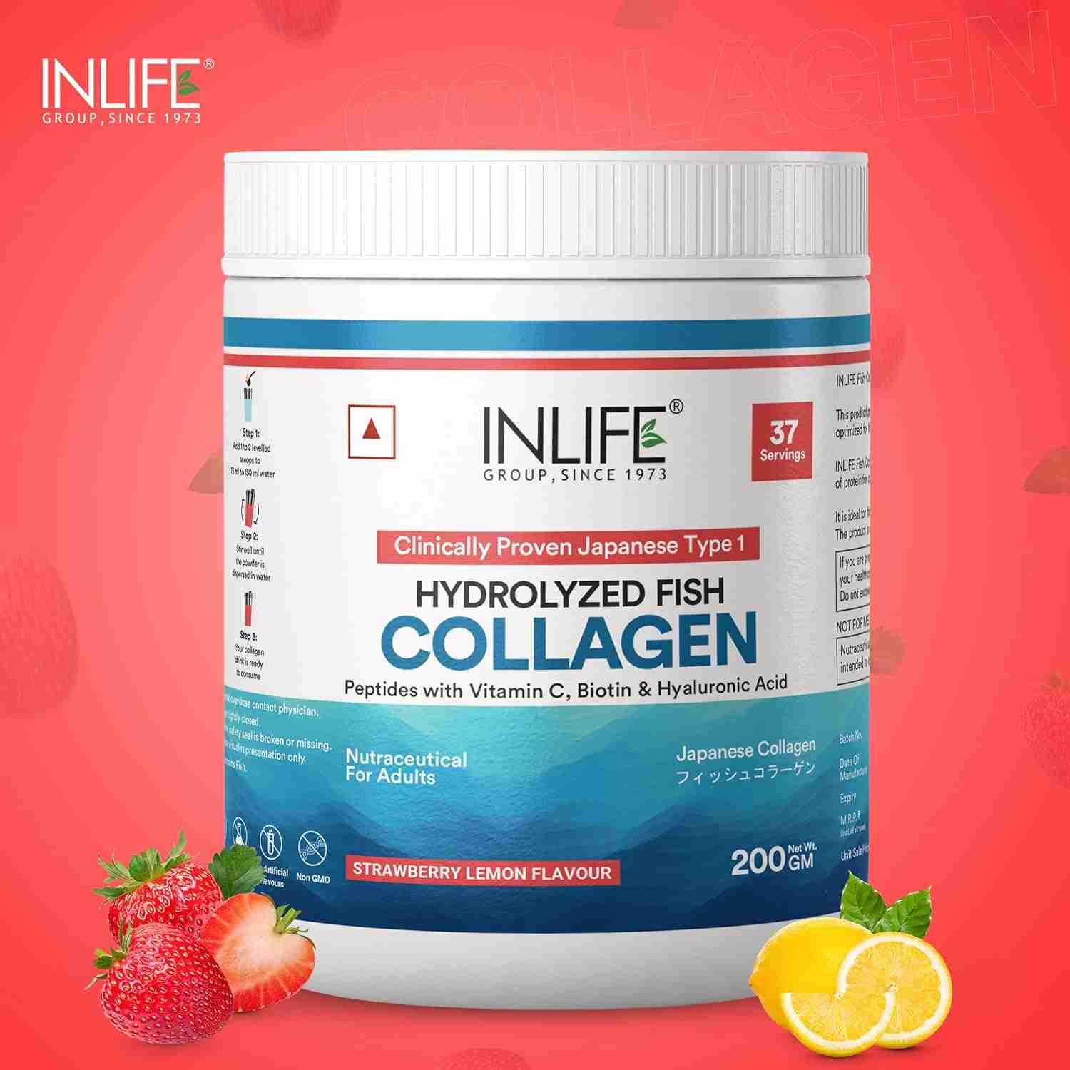 Inlife | Japanese Marine Collagen Supplements for Women & Men | Fish Collagen Powder for Skin & Hair | Clinically Proven Ingredient with Biotin, Hyaluronic Acid, Vitamin C & Glucosamine (Strawberry, Fish Collagen, 200g)