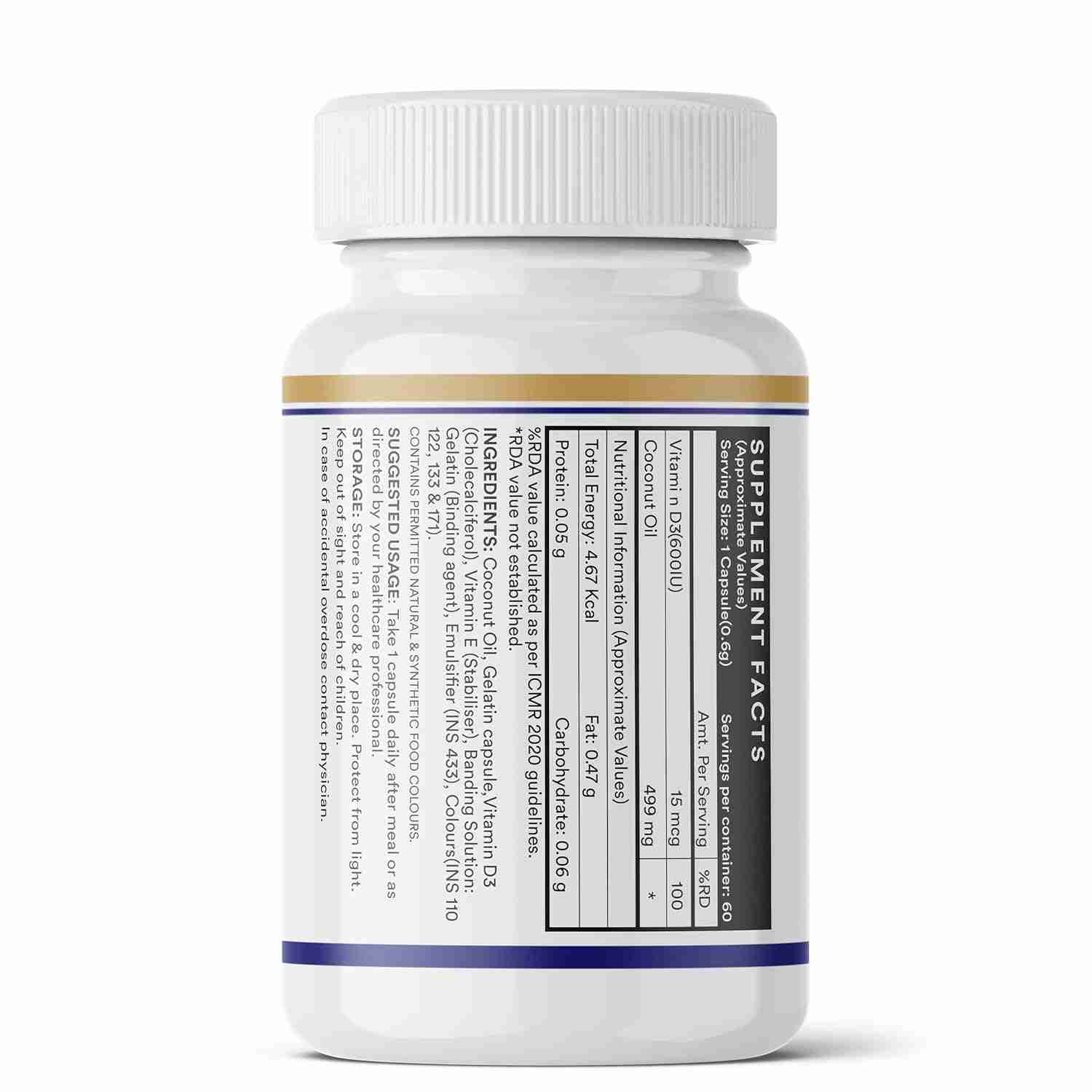 Inlife | Vitamin D3 600 IU Cholecalciferol Supplement with Coconut Oil for Better Absorption, For Men & Women, Immunity, Bone Health, Muscles | 60 Liquid Filled Capsules (Pack of 1, 60)
