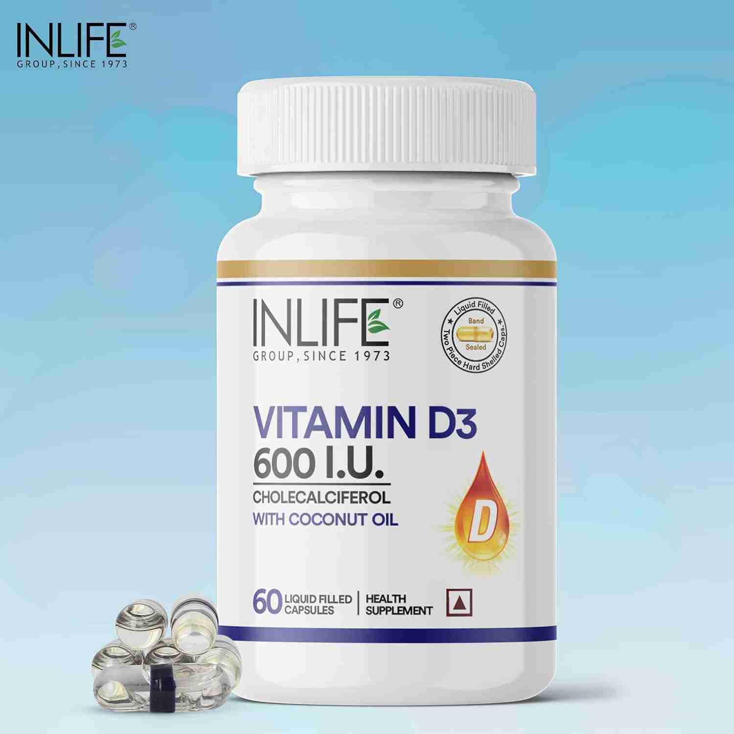 Inlife | Vitamin D3 600 IU Cholecalciferol Supplement with Coconut Oil for Better Absorption, For Men & Women, Immunity, Bone Health, Muscles | 60 Liquid Filled Capsules (Pack of 1, 60)
