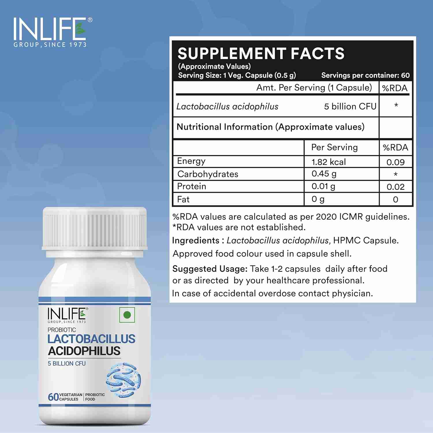 Inlife | Probiotic Lactobacillus Acidophilus 5 billion CFU | Gut Health Supplement for Men Women | Digestive Health, Immunity Booster | Promotes Probiotic Balance – 60 Veg Capsules (Pack of 1, 60)