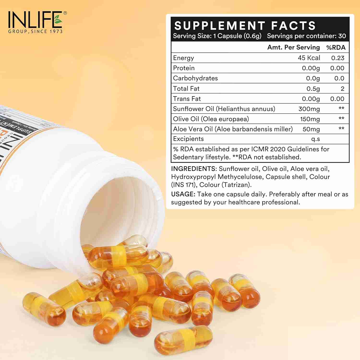 Inlife | Plant Based Natural Vitamin E | Sunflower Olive and Aloe Vera Oil | Face Hair Skin Health Supplement | 30 Liquid Filled Veg Cap (Pack of 1, 30)