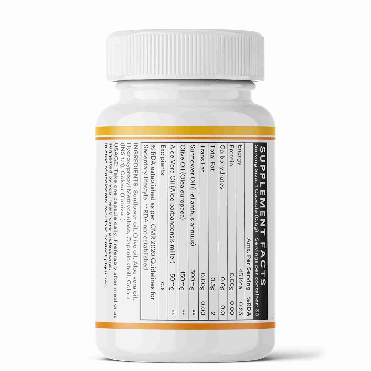 Inlife | Plant Based Natural Vitamin E | Sunflower Olive and Aloe Vera Oil | Face Hair Skin Health Supplement | 30 Liquid Filled Veg Cap (Pack of 1, 30)