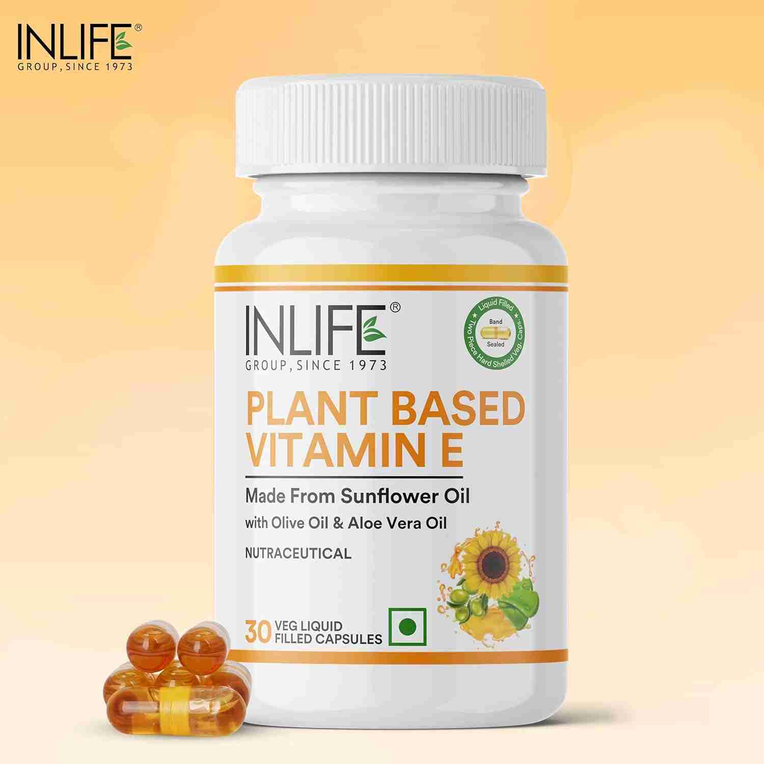 Inlife | Plant Based Natural Vitamin E | Sunflower Olive and Aloe Vera Oil | Face Hair Skin Health Supplement | 30 Liquid Filled Veg Cap (Pack of 1, 30)