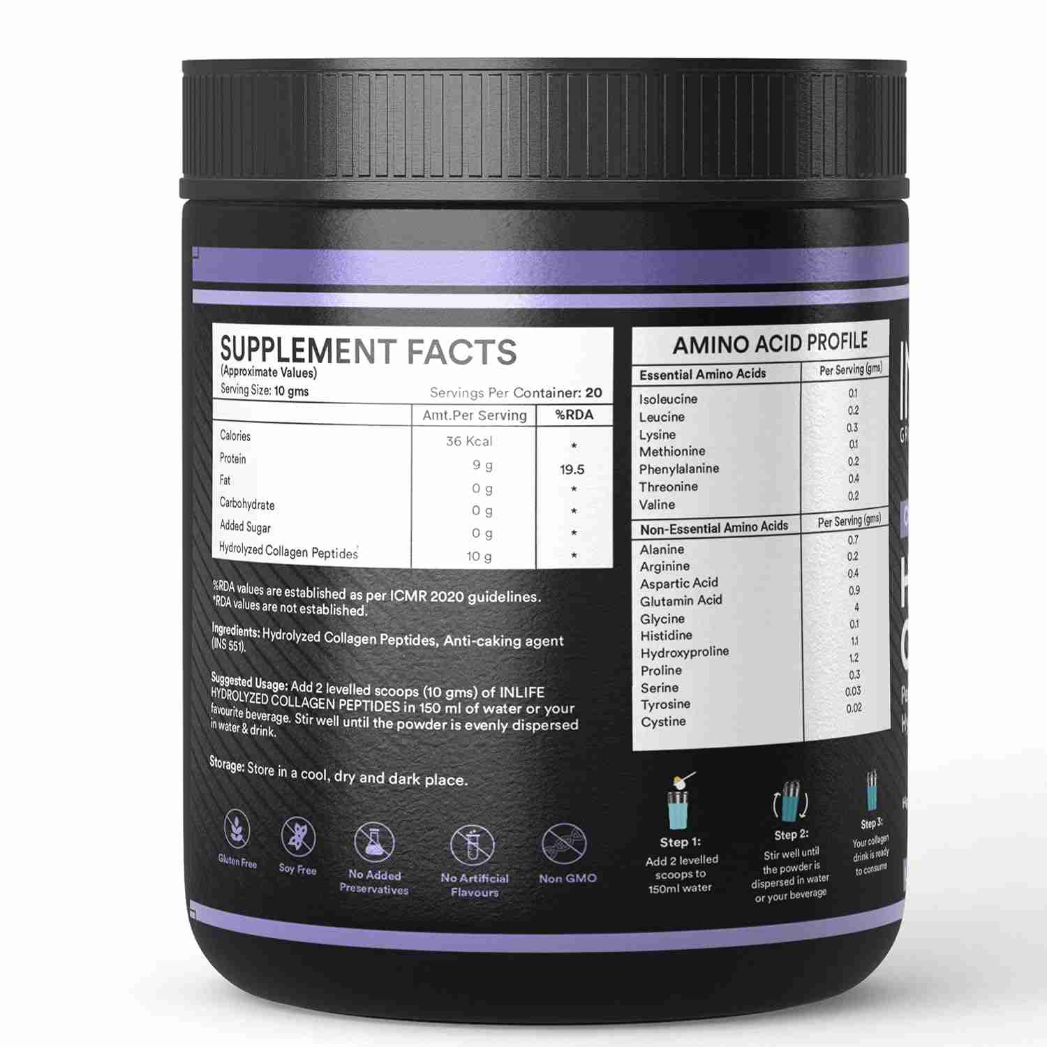 Inlife | Japanese Hydrolyzed Collagen Peptides Powder Clinically Proven Ingredient, Type 1 & 3, Skin Health, Bone Health Supplement for Men & Women (Unflavoured, Collagen, 200g)