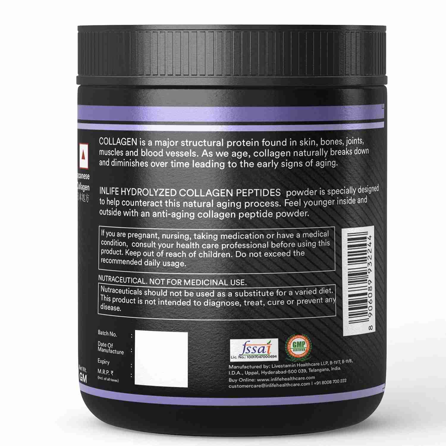 Inlife | Japanese Hydrolyzed Collagen Peptides Powder Clinically Proven Ingredient, Type 1 & 3, Skin Health, Bone Health Supplement for Men & Women (Unflavoured, Collagen, 200g)