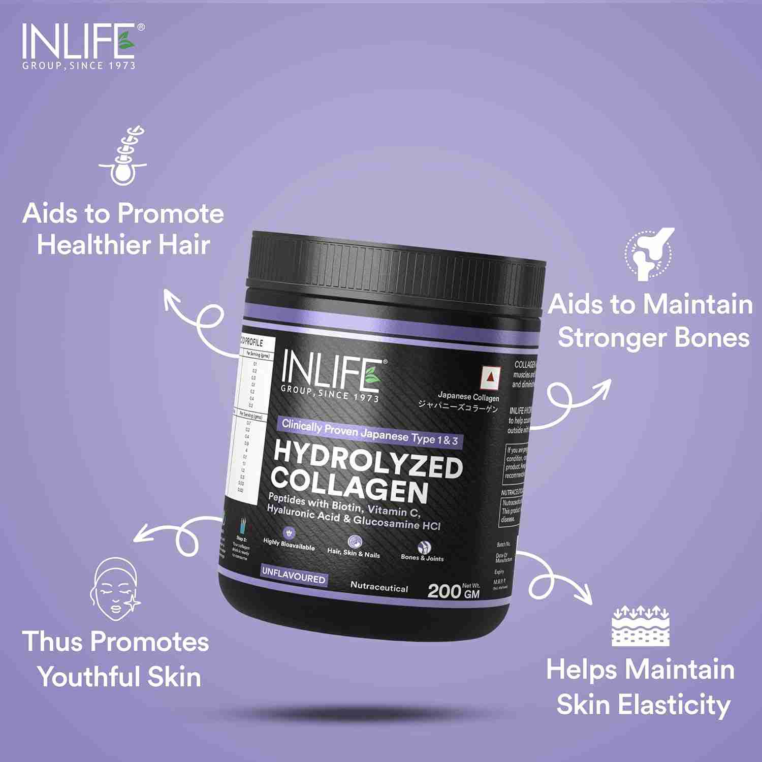 Inlife | Japanese Hydrolyzed Collagen Peptides Powder Clinically Proven Ingredient, Type 1 & 3, Skin Health, Bone Health Supplement for Men & Women (Unflavoured, Collagen, 200g)