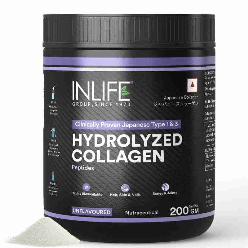 Inlife | Japanese Hydrolyzed Collagen Peptides Powder Clinically Proven Ingredient, Type 1 & 3, Skin Health, Bone Health Supplement for Men & Women (Unflavoured, Collagen, 200g)