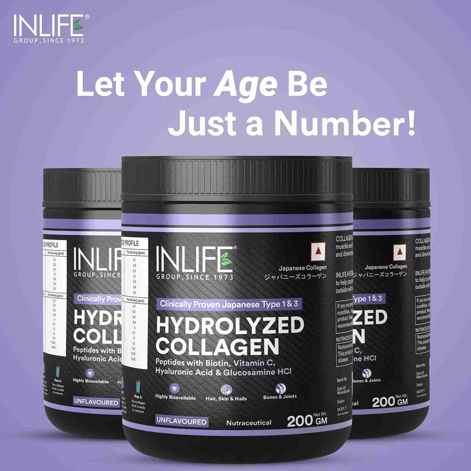 Inlife | Japanese Hydrolyzed Collagen Peptides Powder Clinically Proven Ingredient, Type 1 & 3, Skin Health, Bone Health Supplement for Men & Women (Unflavoured, Collagen, 200g)