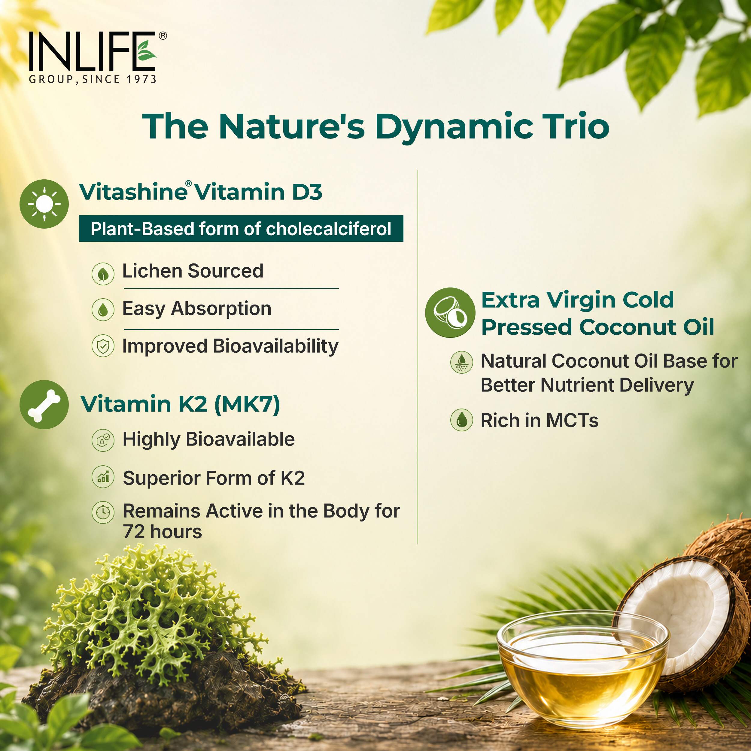 Inlife | Vitamin D3 600 IU K2 MK7 55 mcg | Plant Based Lichen Sourced | Bone Muscle & Immunity Health | Men Women | 60 Veg Cap