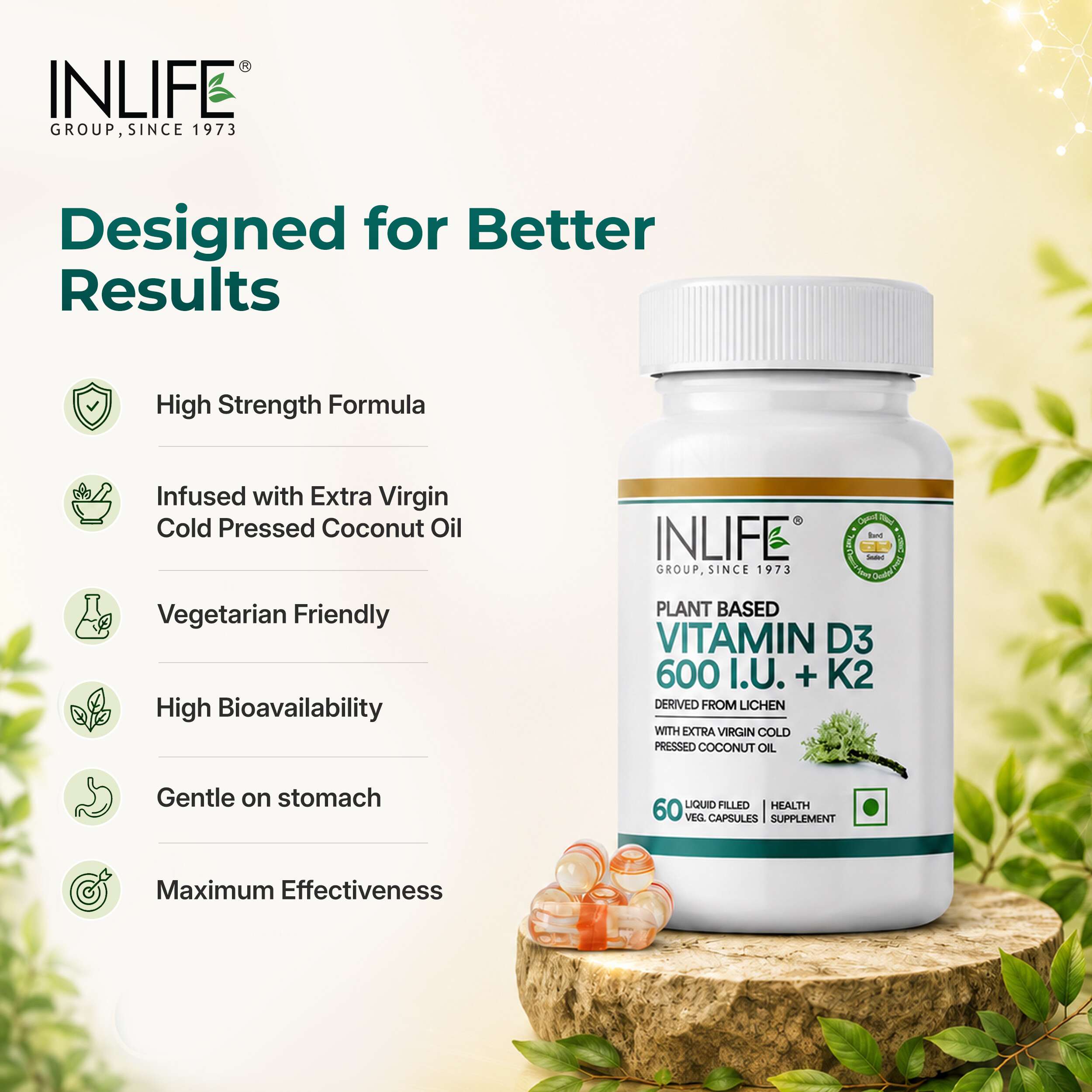 Inlife | Vitamin D3 600 IU K2 MK7 55 mcg | Plant Based Lichen Sourced | Bone Muscle & Immunity Health | Men Women | 60 Veg Cap