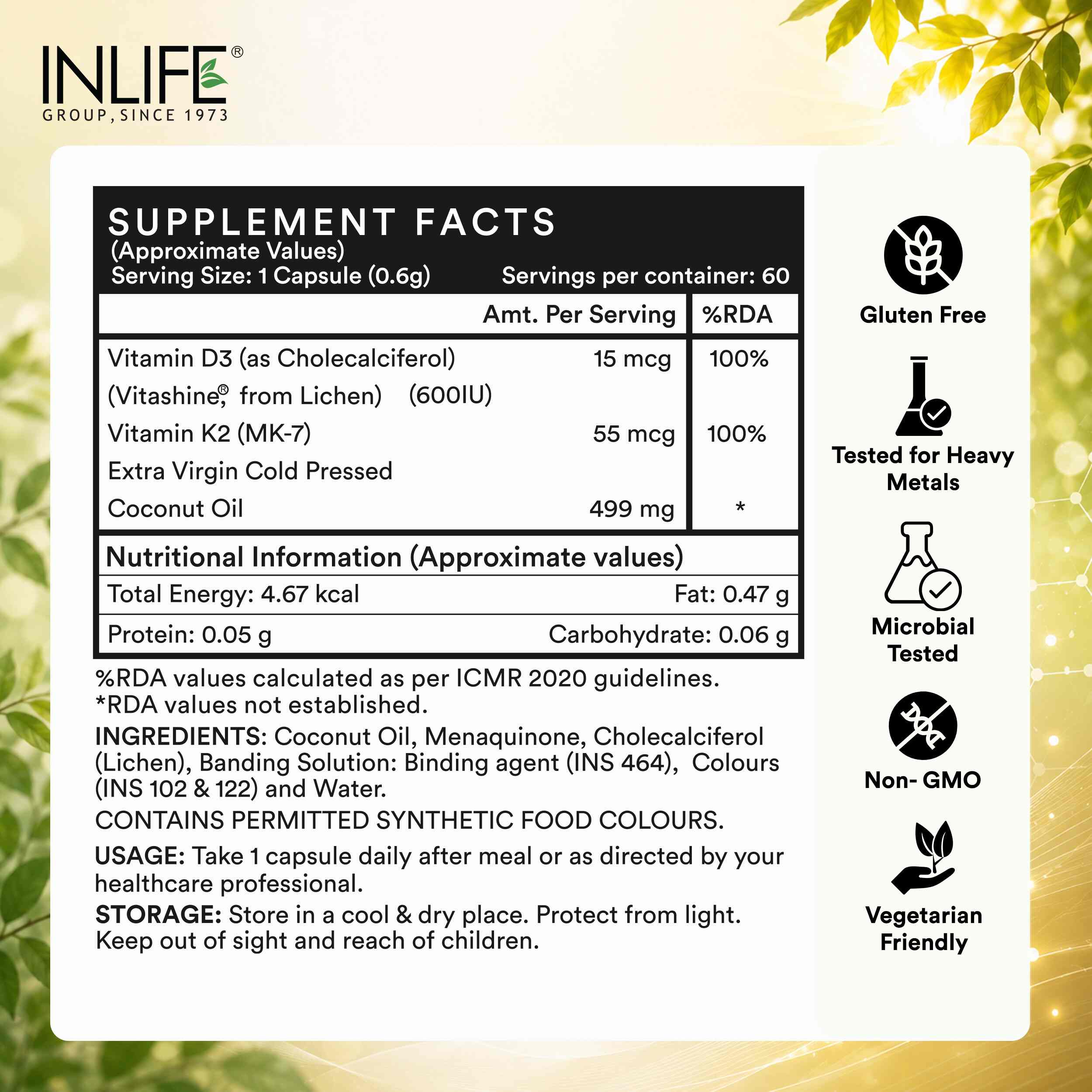 Inlife | Vitamin D3 600 IU K2 MK7 55 mcg | Plant Based Lichen Sourced | Bone Muscle & Immunity Health | Men Women | 60 Veg Cap