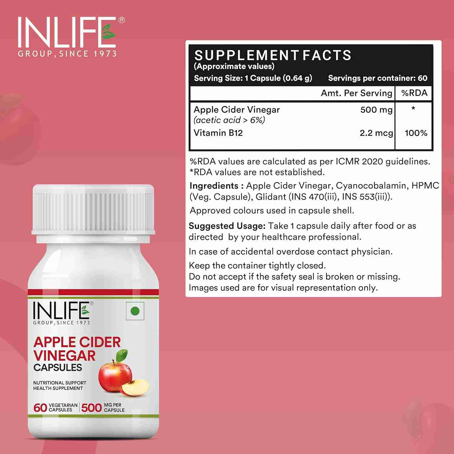 Inlife | Apple Cider Vinegar Supplement | Weight Management, Metabolism, Healthy Digestion | Plant Based Nutrition, 600mg | 60 Veg Cap (Pack of 1, 60)